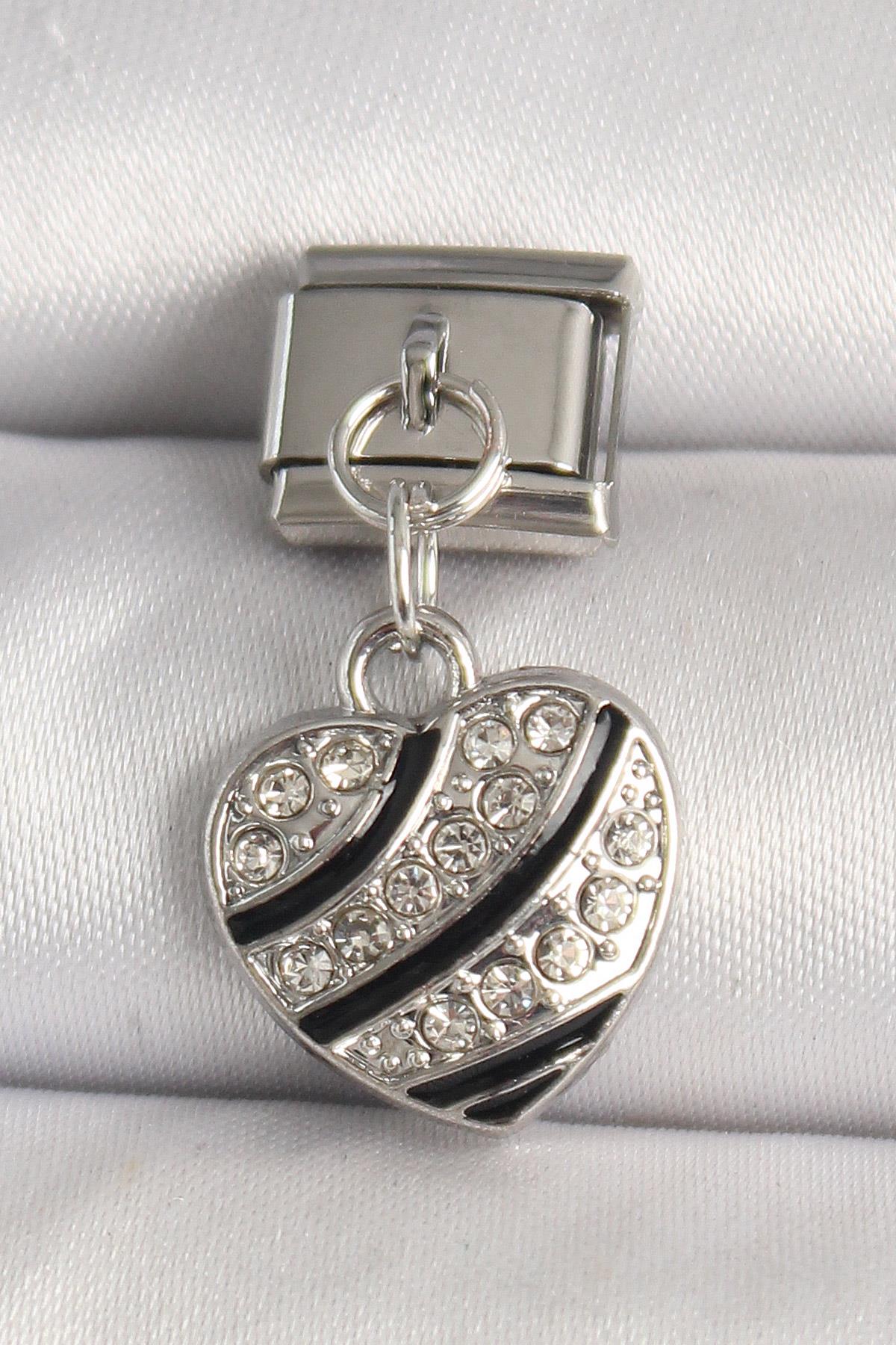 316L Çelik Gümüş Renk Zirkon Taşlı Kalp Model Nomination Charm