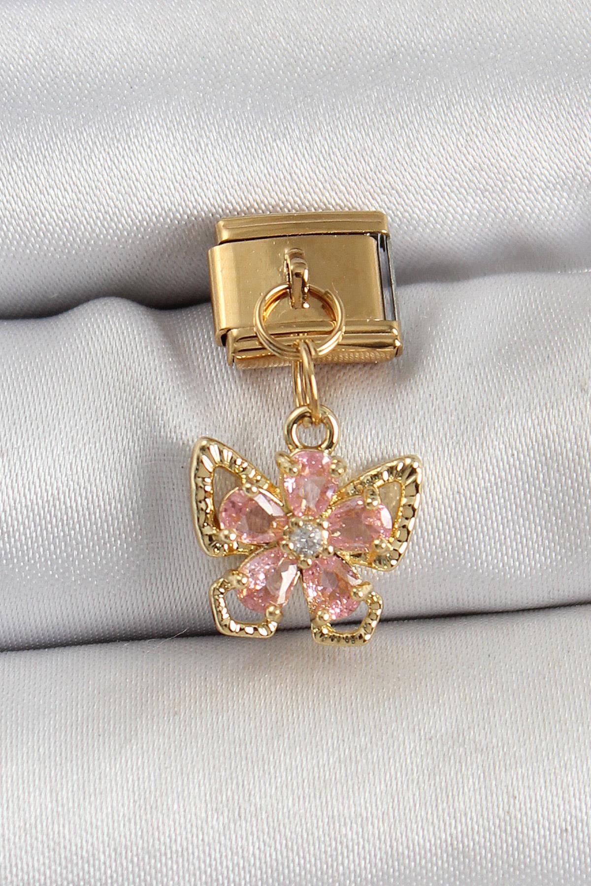 316L Çelik Sallantılı Zirkon Taşlı Çiçek Figürlü Kelebek Model Gold Renk Nomination Charm