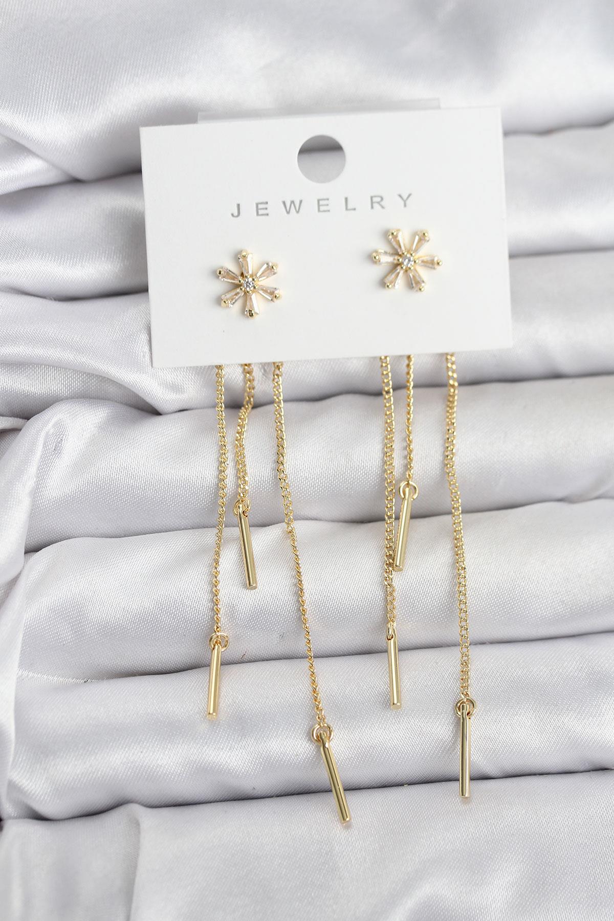Çiçek Model Gold Pirinç Sallantılı Kadın Küpe