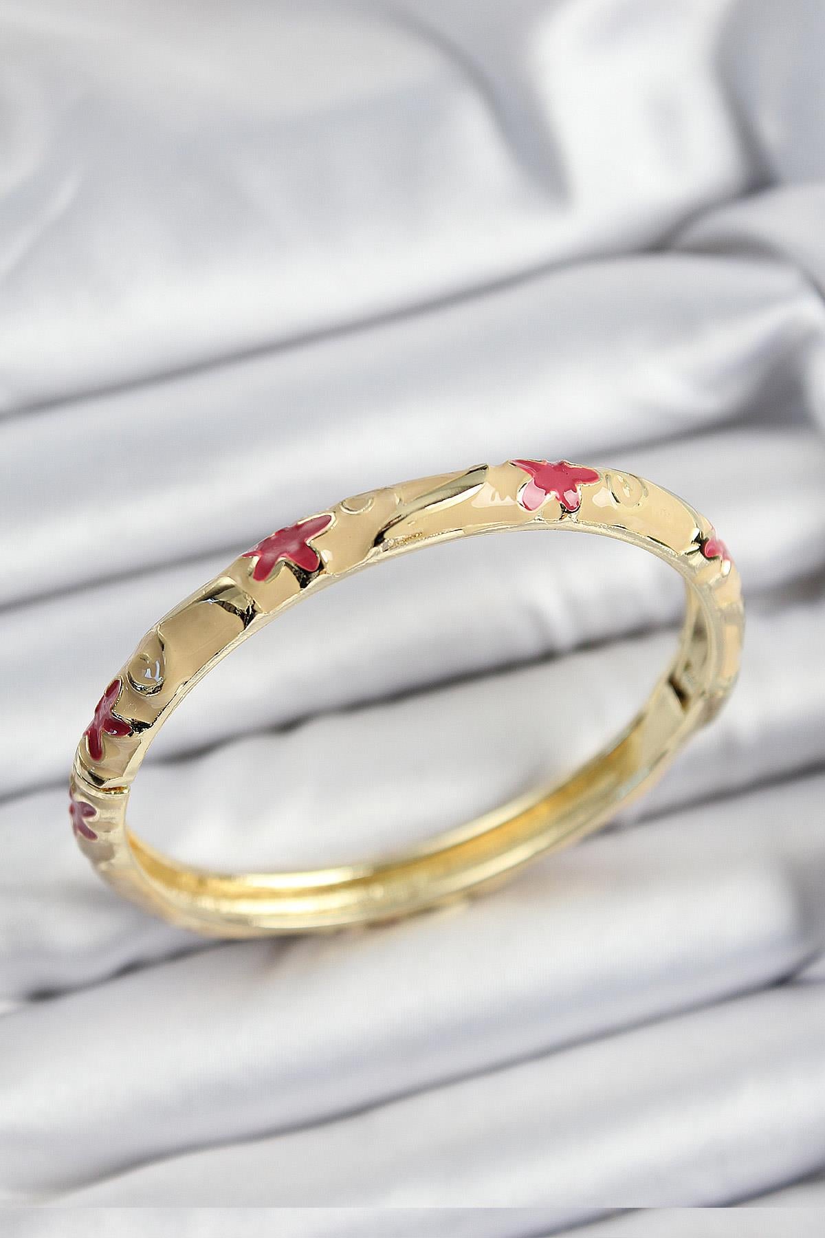 Mineli Pirinç Pembe Ve Krem Çiçek Motifli Gold Renk Kadın Kelepçe