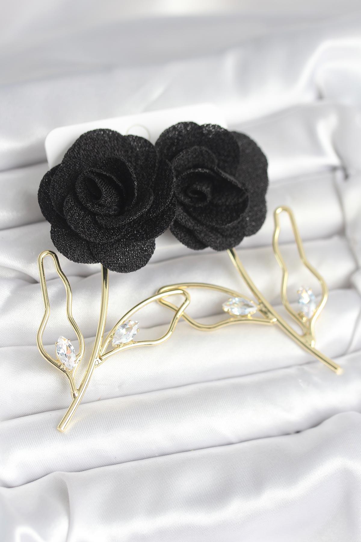 Pirinç Gold Renk Siyah Gül Model Kadın Küpe