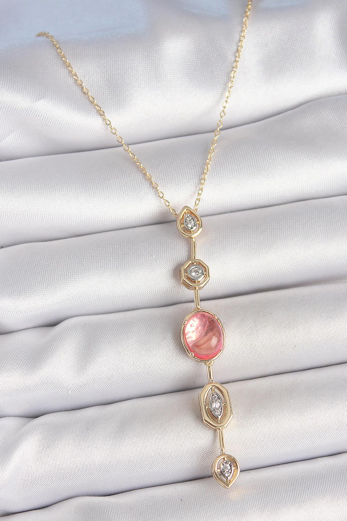 Pirinç Zincir Pembe Gold Renk Zirkon Taşlı Y Kolye