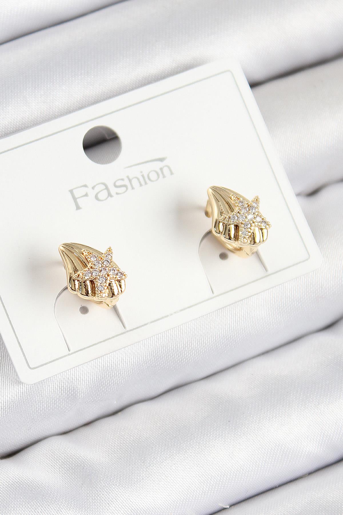 Pirinç Zirkon Taşlı Yıldız Model Gold Renk Çocuk Küpe
