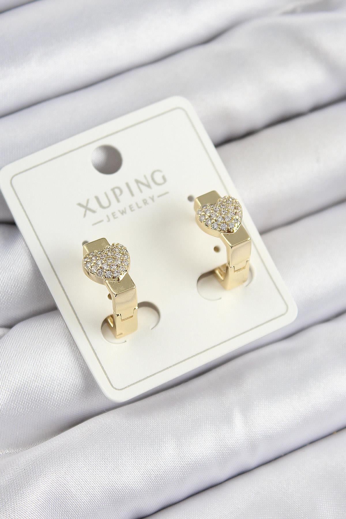 Xuping Zirkon Taşlı Kalp Model Gold Renk Kadın Küpe