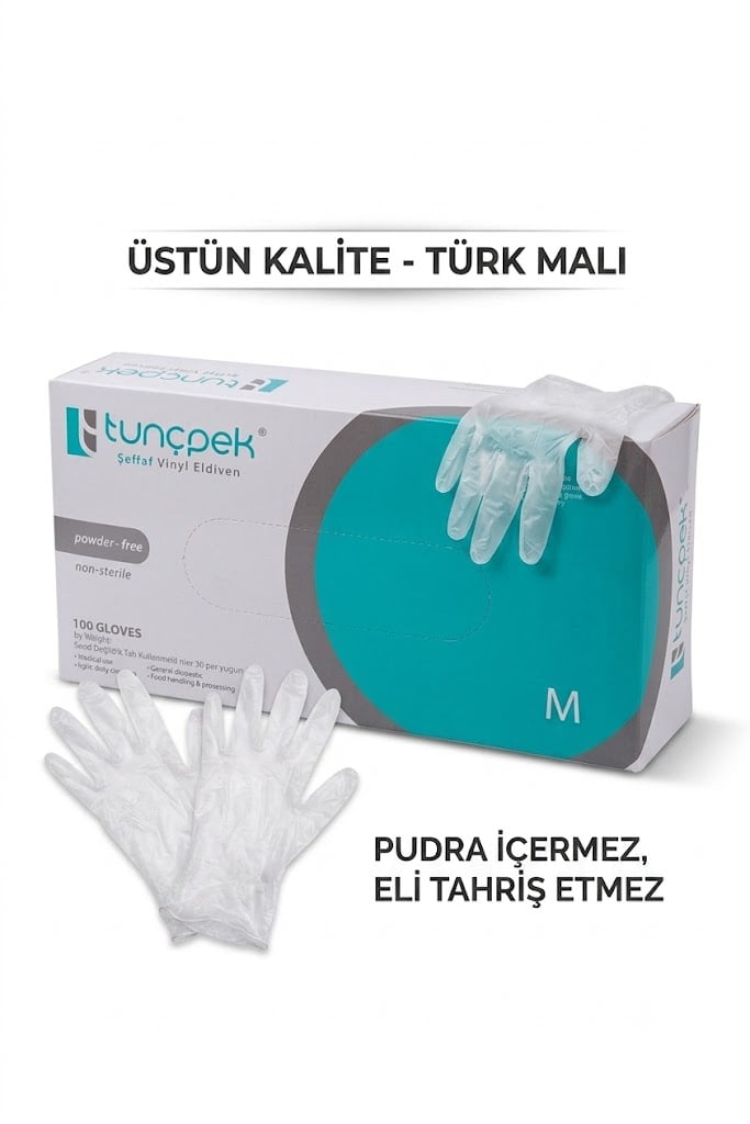 TUNÇPEK VİNİL ELDİVEN PUDRASIZ M BEDEN 100'LÜ PAKET