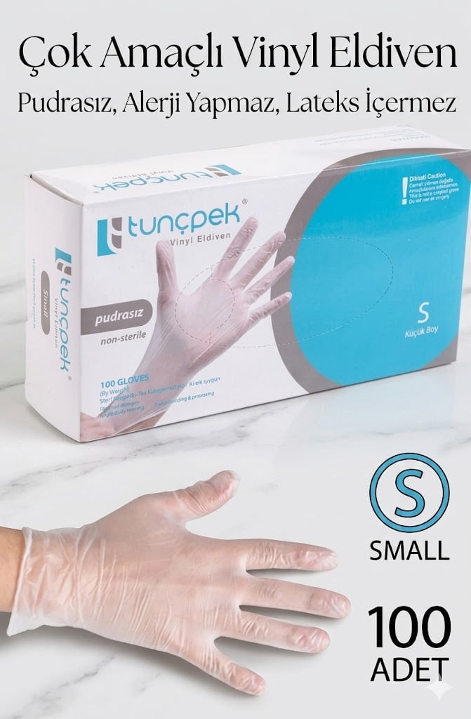 TUNÇPEK VİNİL ELDİVEN PUDRASIZ S BEDEL 100'LÜ PAKET