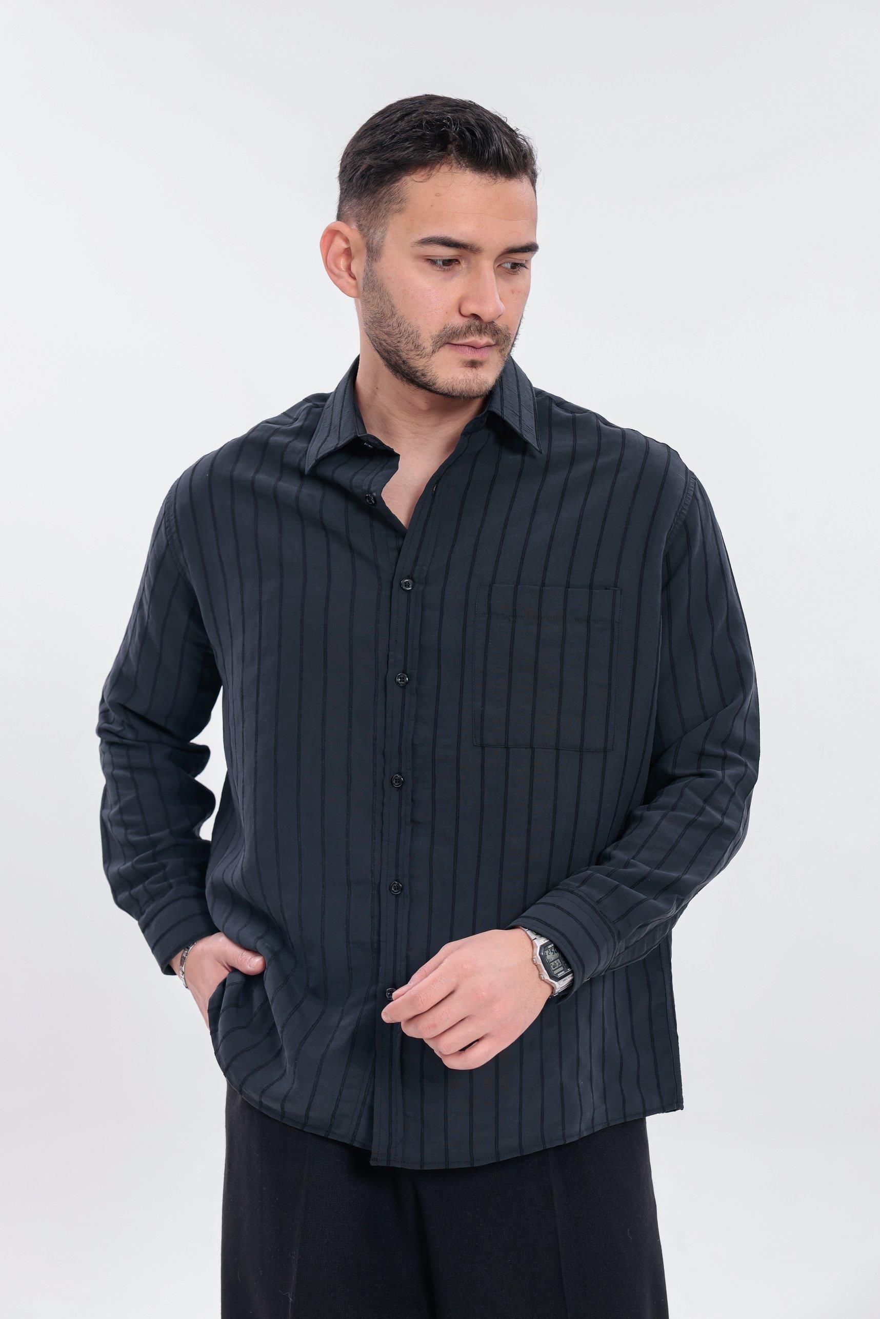 Oversize Çizgili Modal Gömlek Siyah