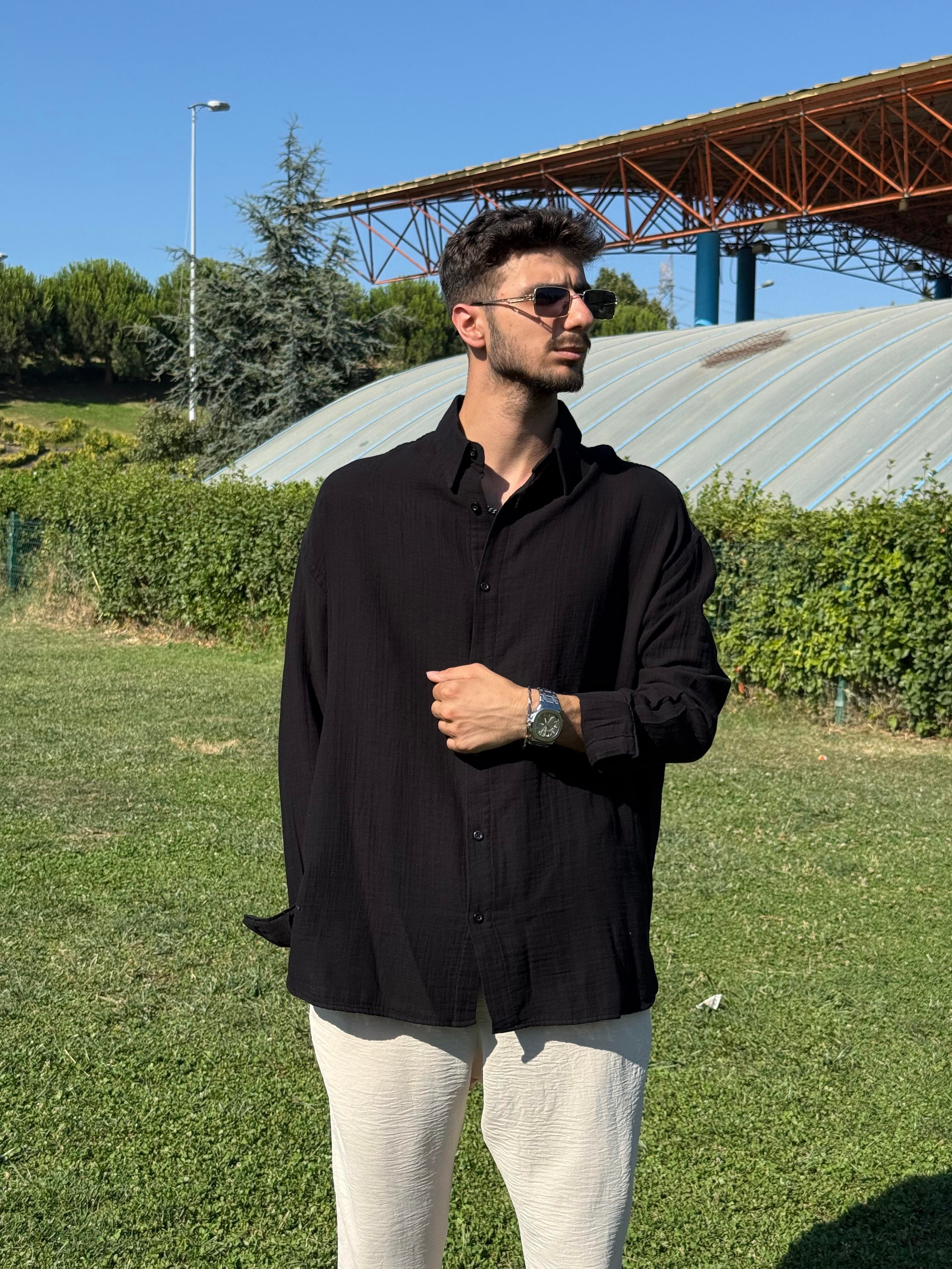 Oversize Yırtmaçlı Müslin Gömlek Siyah