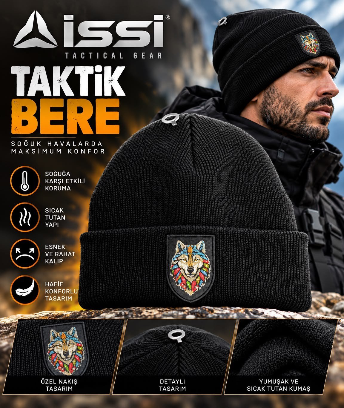 İssi Kurt Nakışlı Bere Siyah