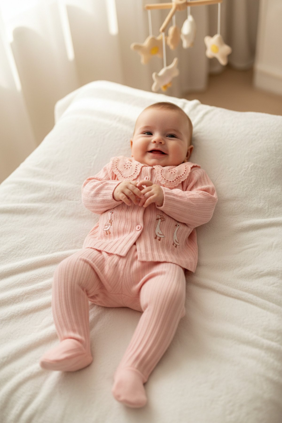 Bebek Kız 4’lü Takım – Dantelli Üst, Patikli Alt, Önlük ve Eldiven