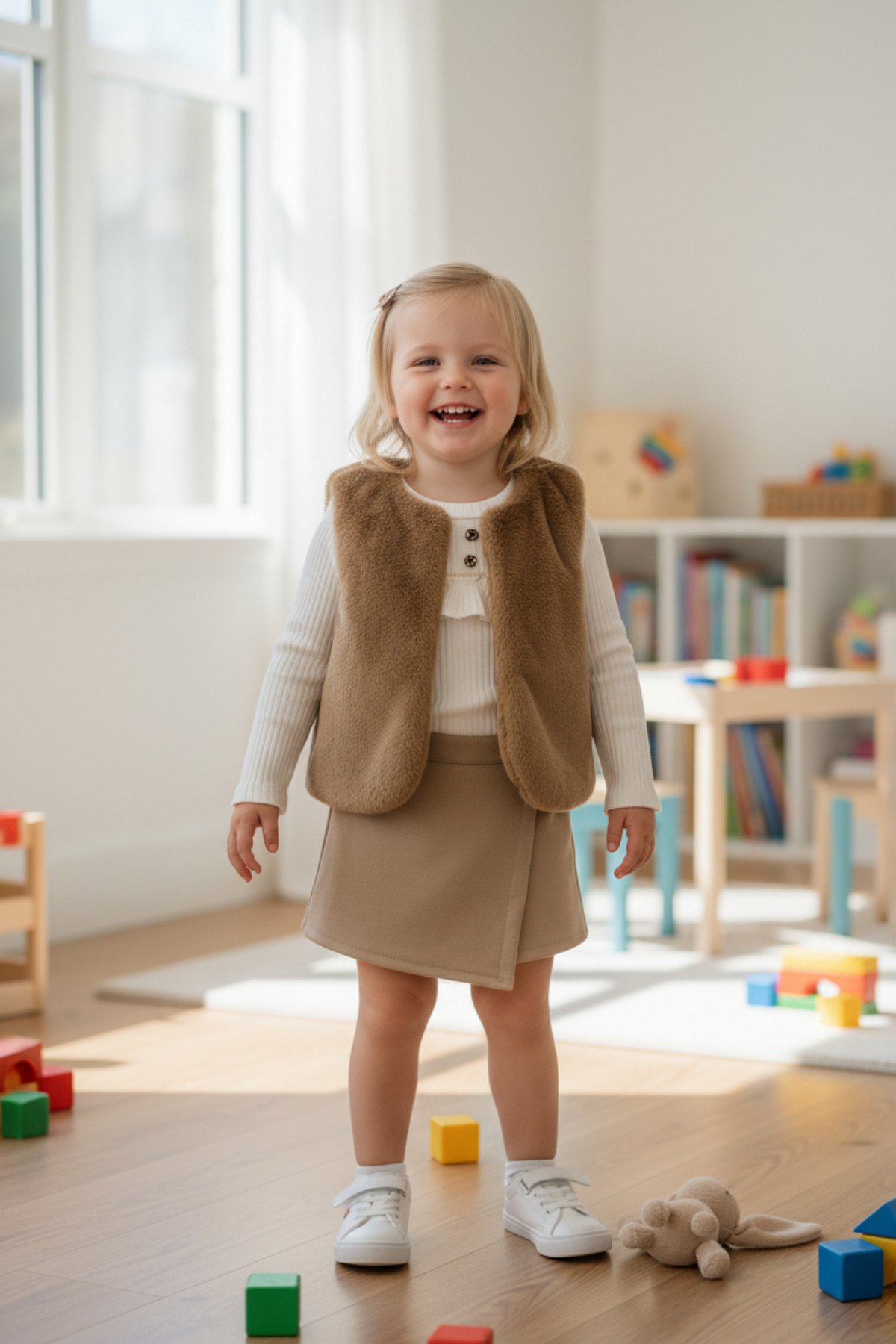 Kız Bebek 3’lü Kürk Yelek, Fitilli Bluz ve Şort Takımı