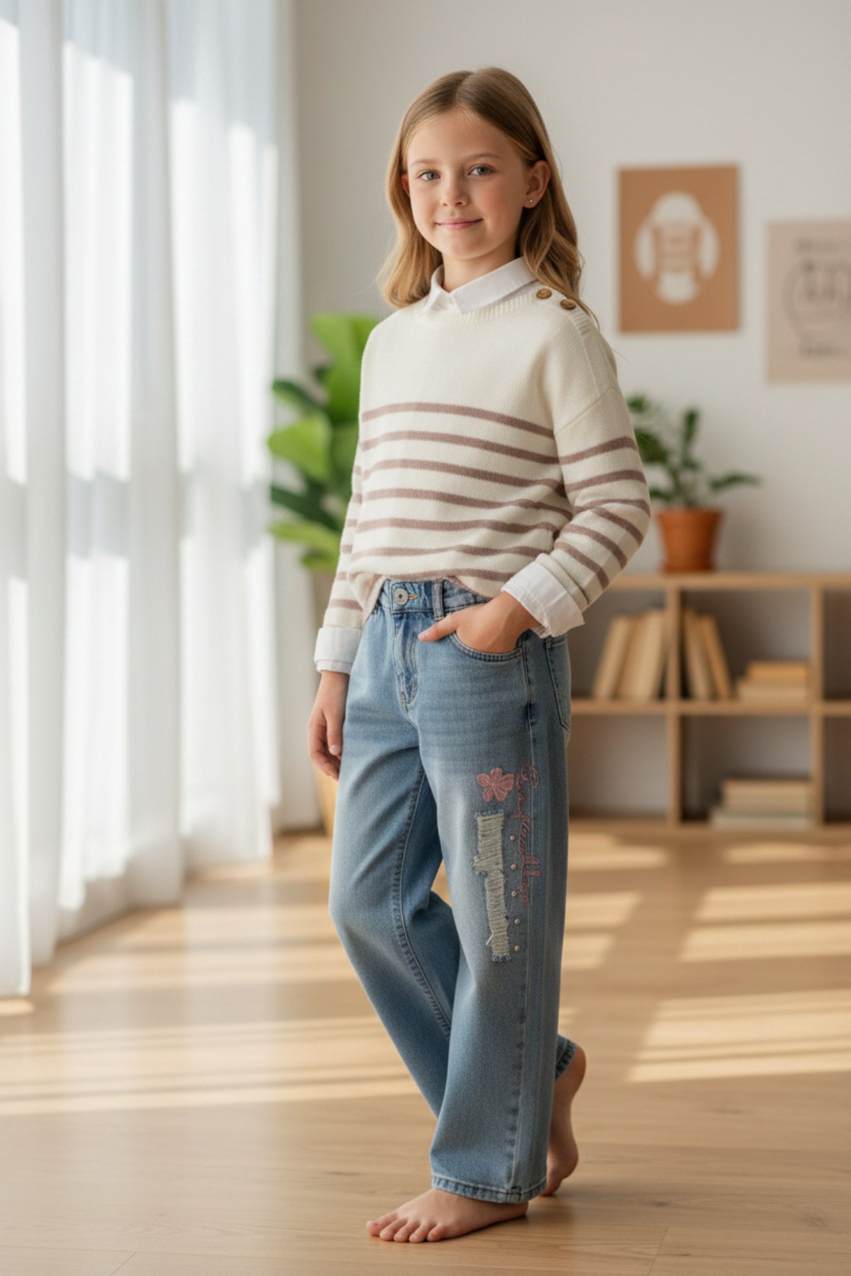 Kız Çocuk 3'lü Triko & Denim Takım