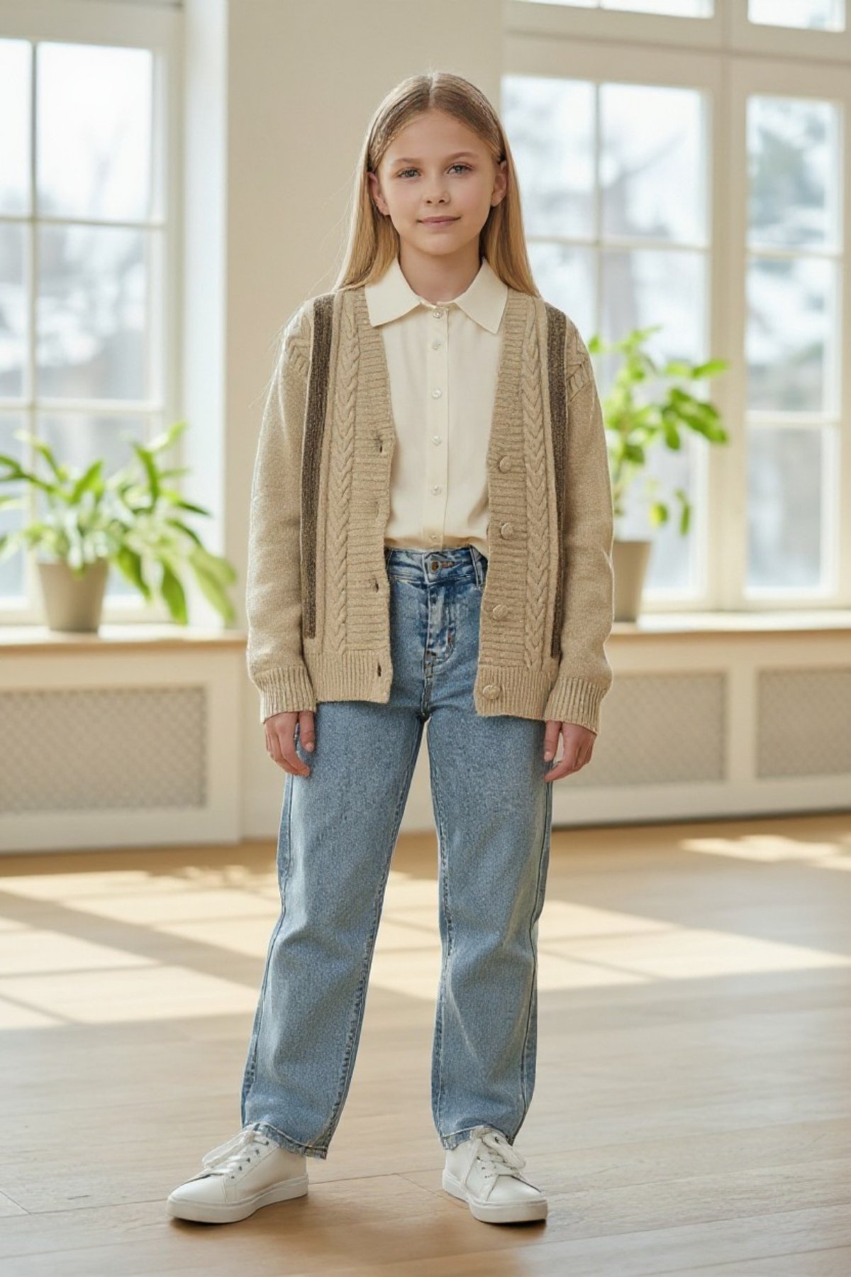 Kız Çocuk 3'lü Triko & Denim Takım