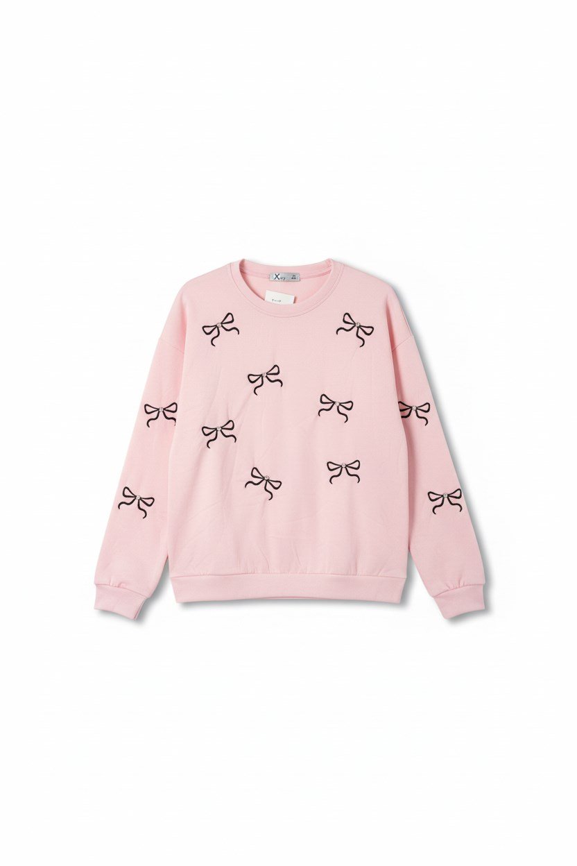Kız Çocuk Fiyonk Desenli Sweatshirt – Taş Detaylı 