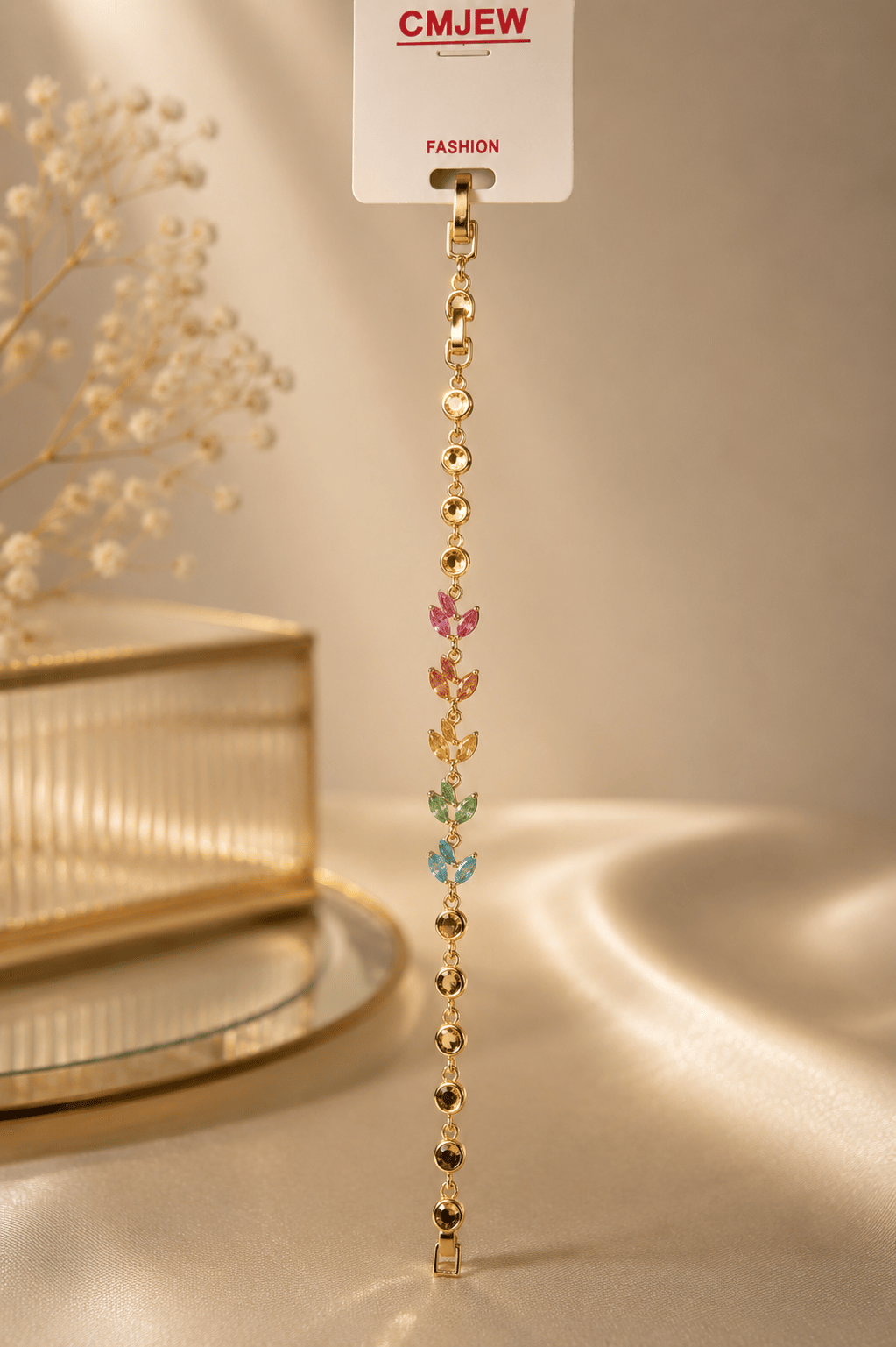    Renkli Yaprak Taşlı Gold Bileklik (Ayarlanabilir)