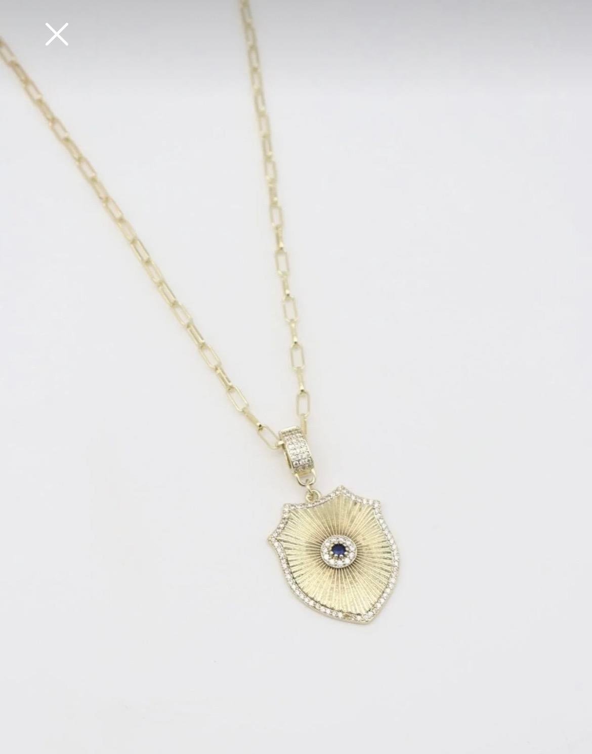 14K Çelik Kalkan Kolye Mavi Taşlı ve Zirkon Detaylı (60 cm)