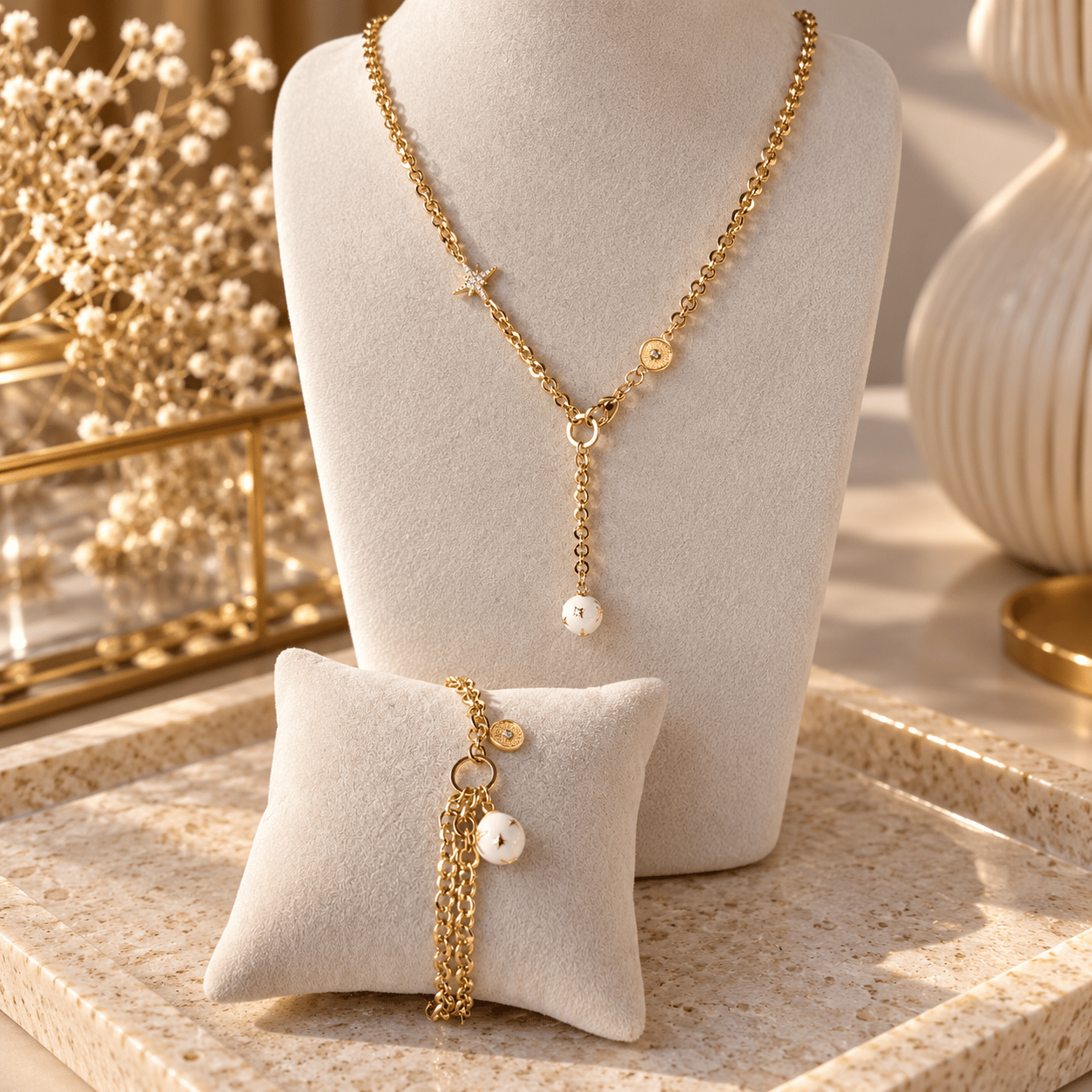 14K Çelik Yıldız Detaylı Kolye & Bileklik Seti (55 cm kolye, 17+4 cm bileklik)