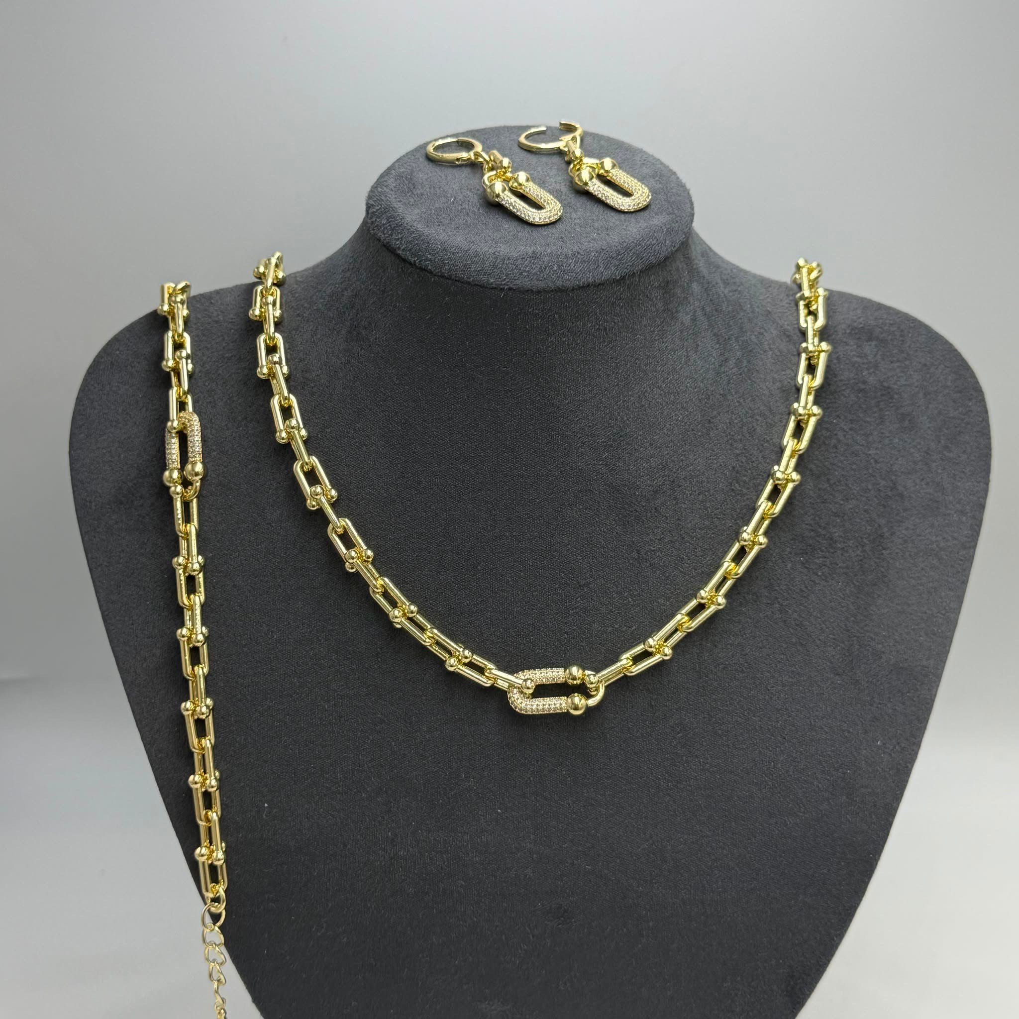 14K Gold Çelik Taş Detaylı Kolye, Bileklik & Küpe Seti