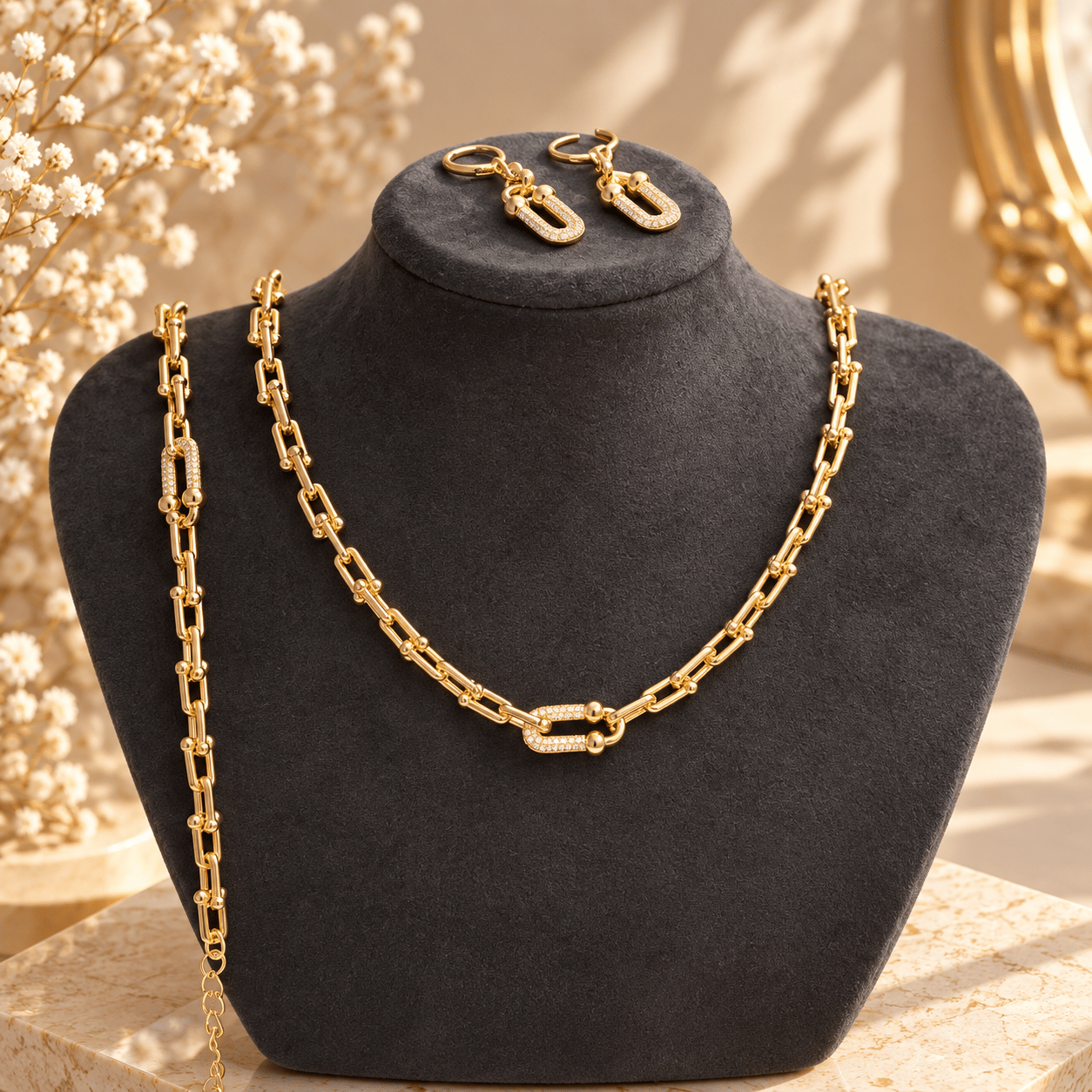 14K Gold Çelik Taş Detaylı Kolye, Bileklik & Küpe Seti