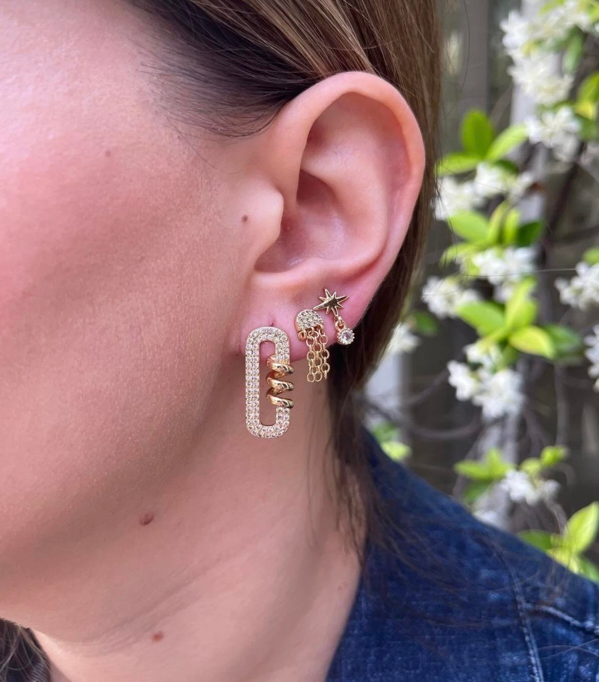 14K Gold Tone Taşlı 3'lü Çelik Küpe Seti | Yıldız, Bulut ve Zincir Detaylı Şık Tasarım