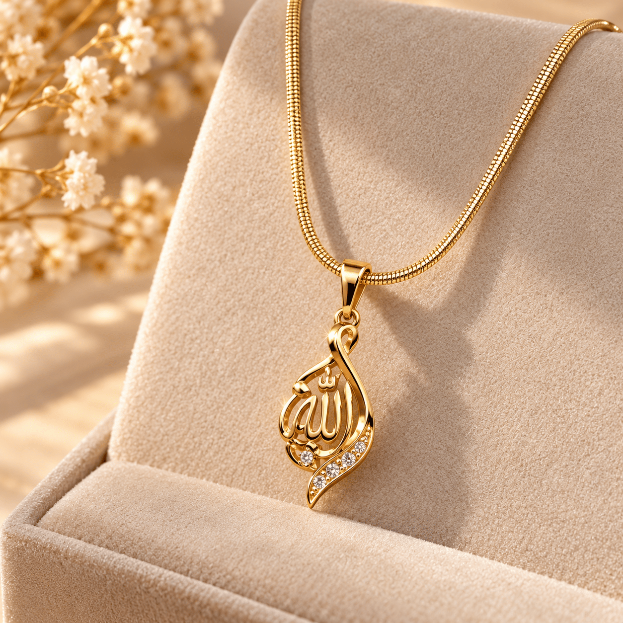 Allah Yazılı Çelik Kolye | Kararma Yapmaz Gold Şık Tasarım (45 cm)