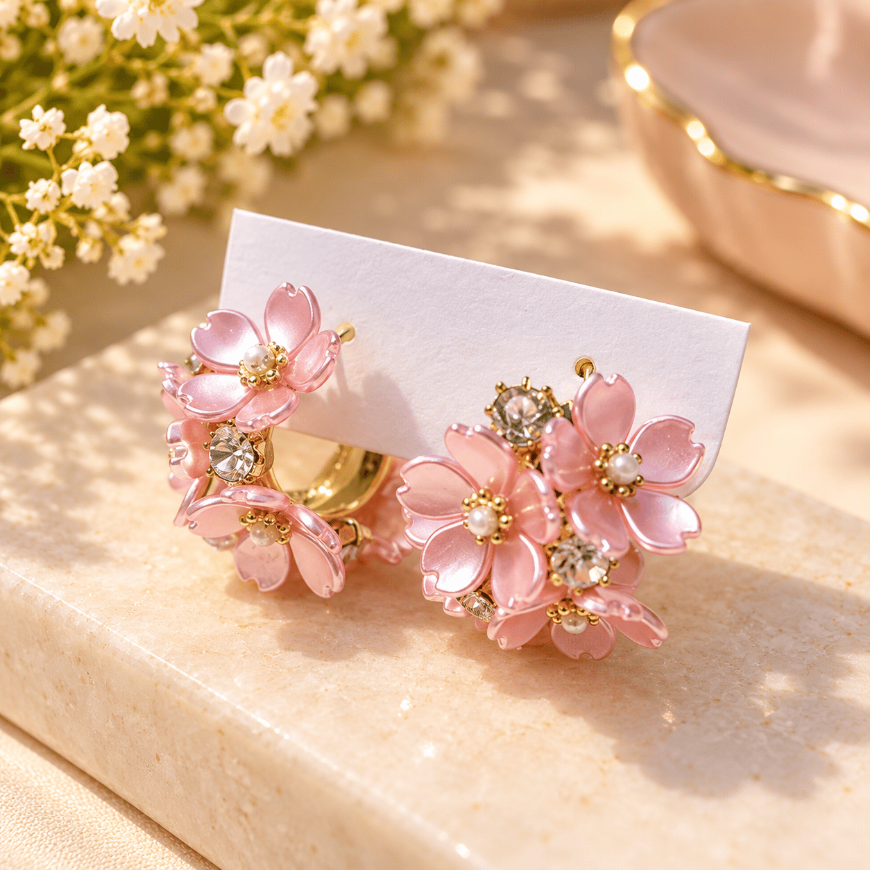 Flora Bahar Çiçeği Taşlı 14K Çelik Halka Küpe – Pembe & Sedef Beyaz Renk Seçenekli
