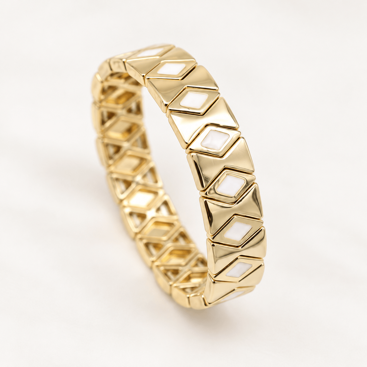 Gold Beyaz Mineli Geometrik Lastikli Çelik Bileklik