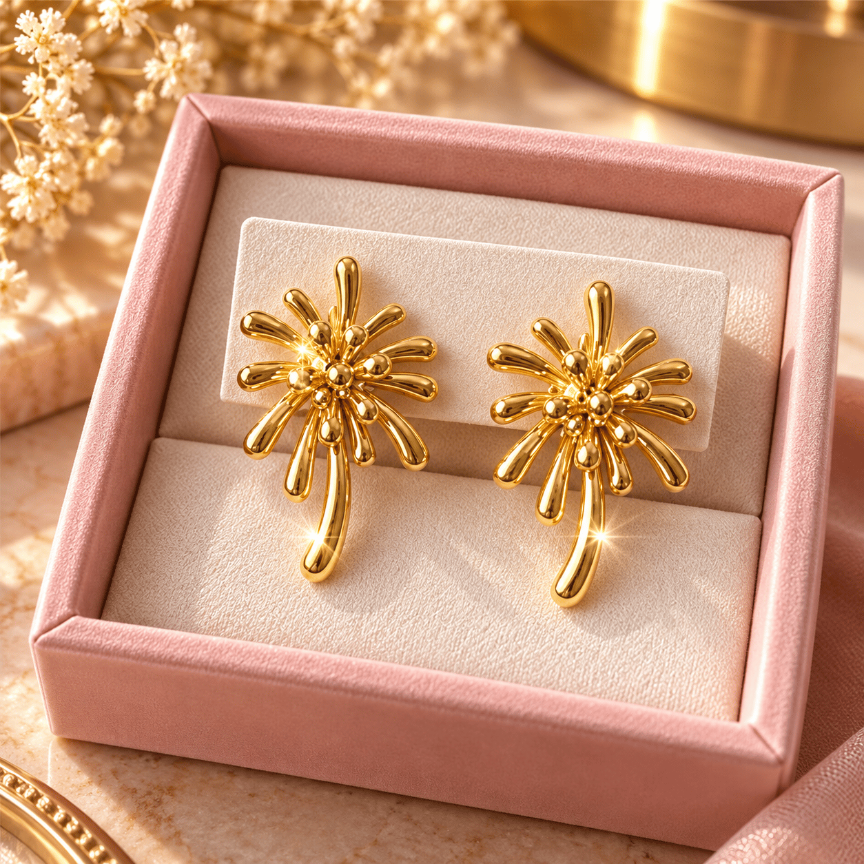 Işıltılı Çiçek Çelik Küpe – Gold