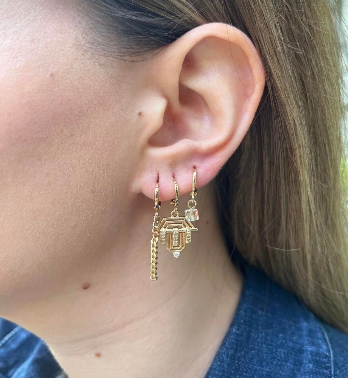 Kadın Gold Renkli 3'lü Çelik Küpe Seti – Zincir, Geometrik Figür