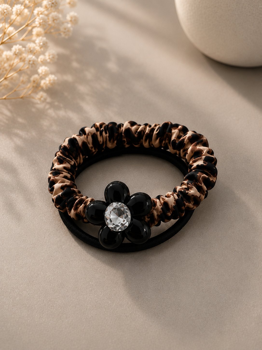 Leopar Desenli Kristal Taşlı Çiçek Detaylı 2'li Saç Lastiği Seti