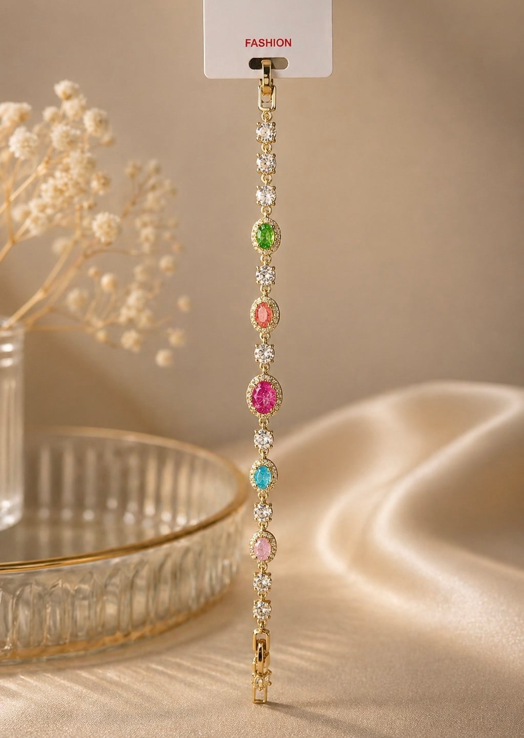 Renkli Oval Taşlı Gold Bileklik (Ayarlanabilir)