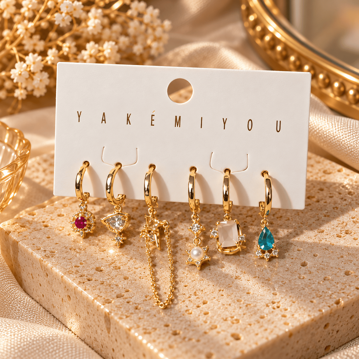 Taşlı Charm Detaylı 6'lı Çelik Küpe Seti – Yıldız ve Zincir Detaylı