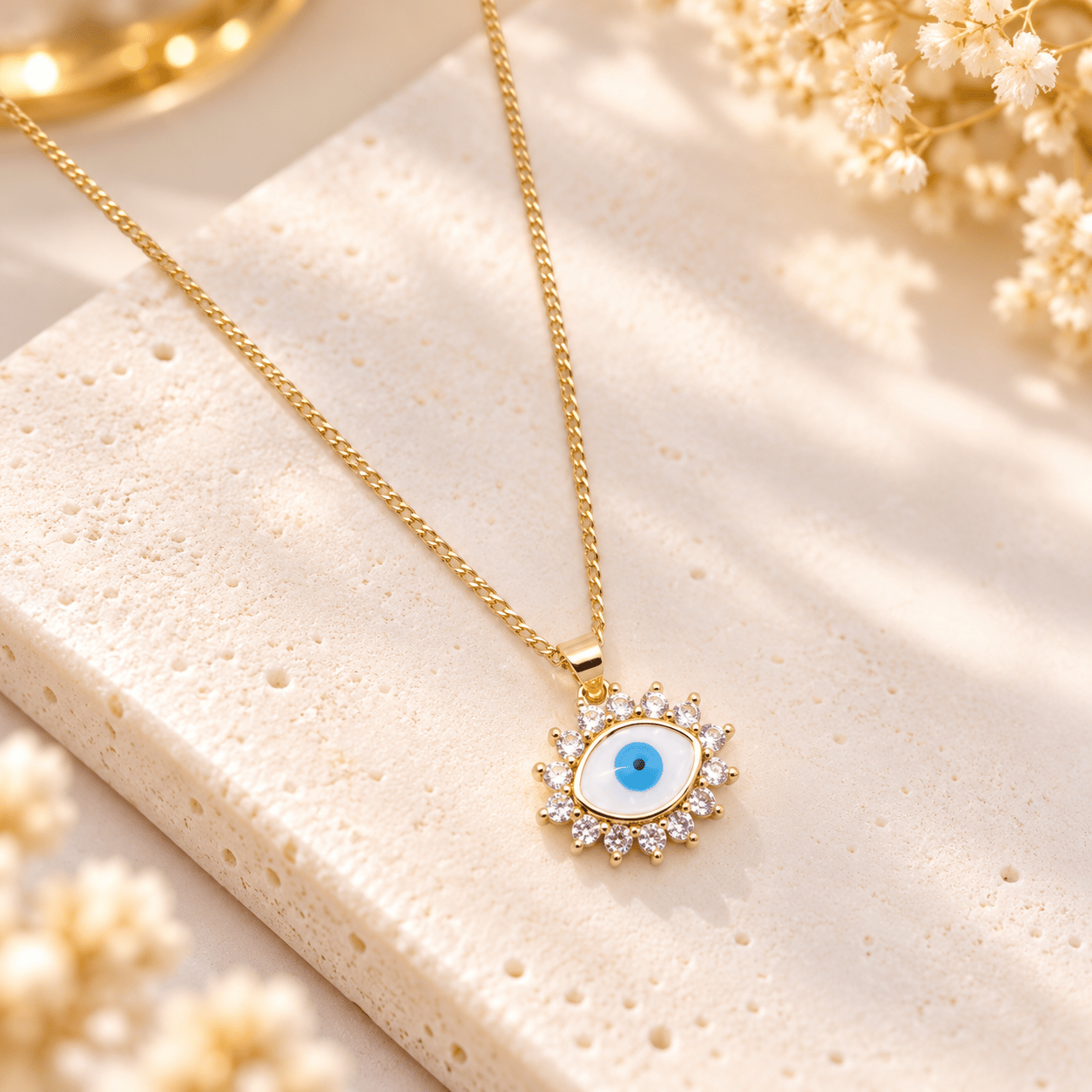 VIP Nazar Göz Zirkon Taşlı Çelik Kolye – 50+5 cm Gold Seri