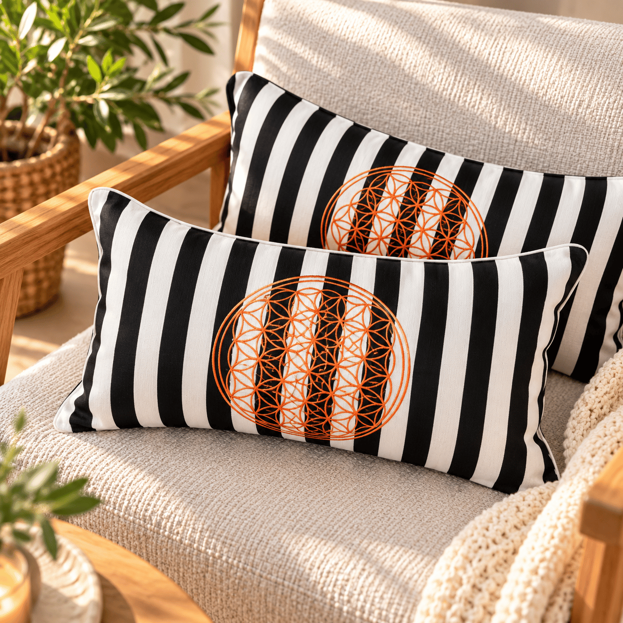 Yaşam Çiçeği Nakışlı Siyah Beyaz Çizgili Dikdörtgen Kırlent Kılıfı 28x50 cm – Duck Keten (1 