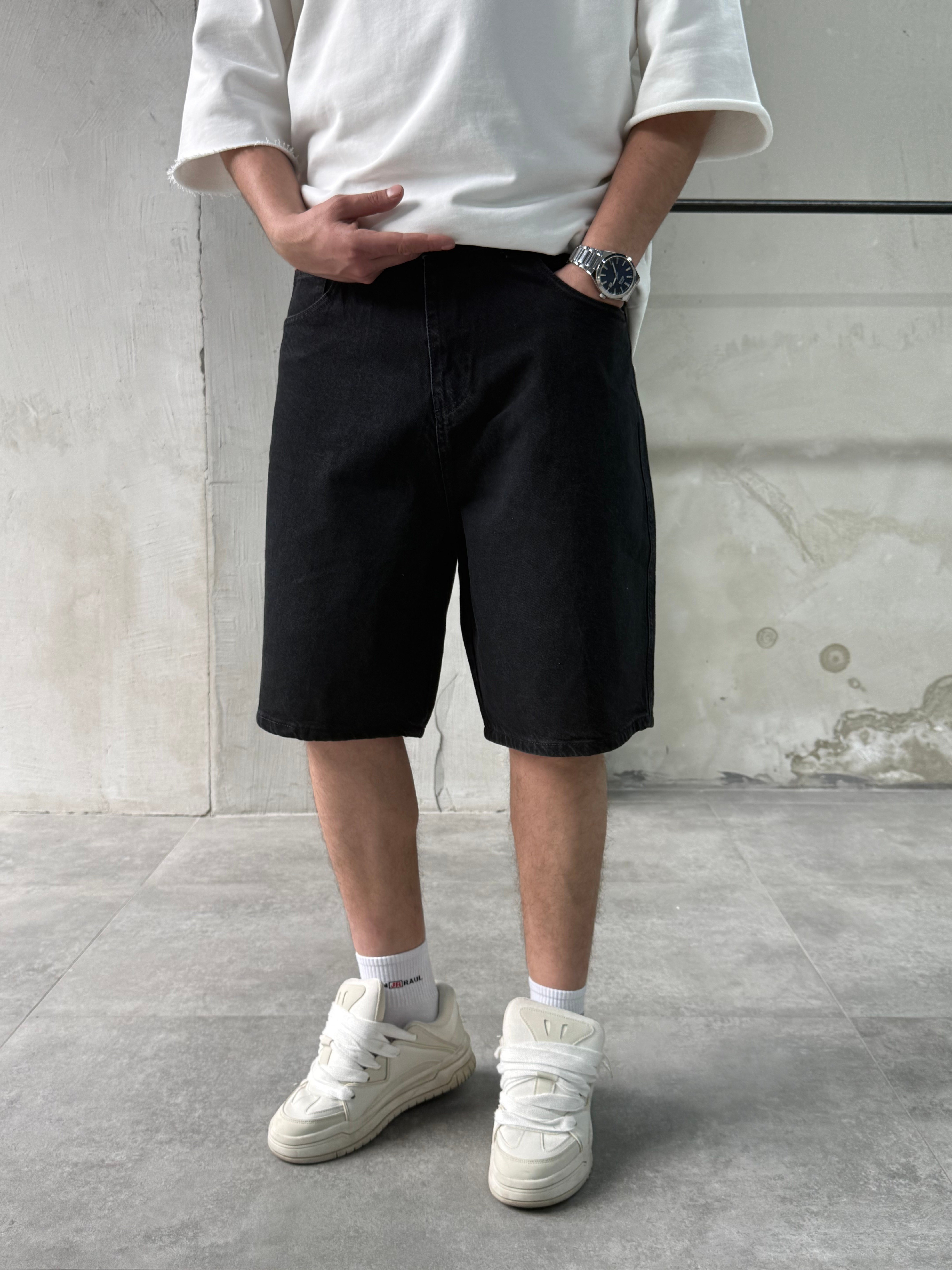 Baggy Fit Bermuda Siyah Denim Şort