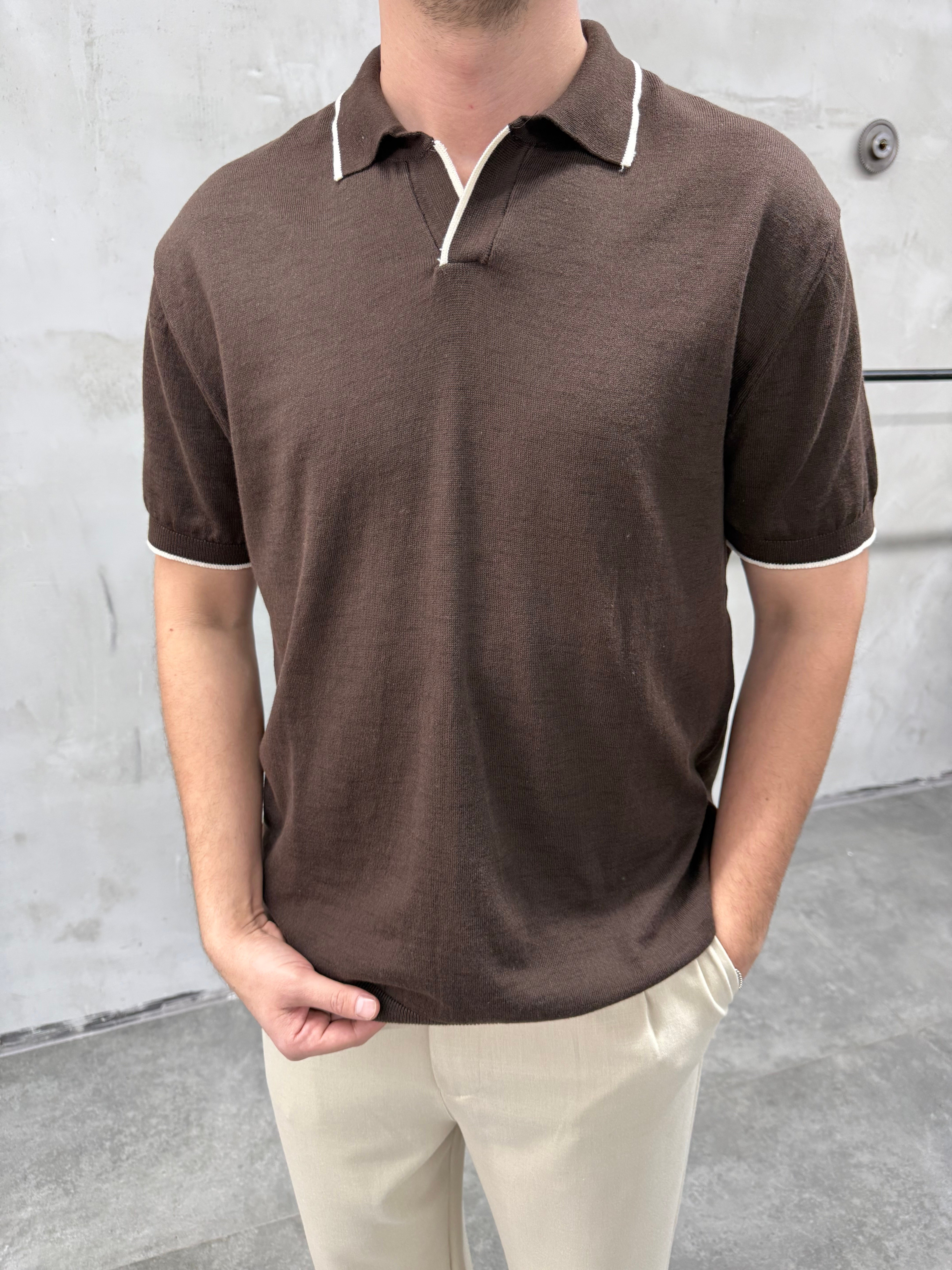 Basic Polo Yaka Kahve Triko T-shirt