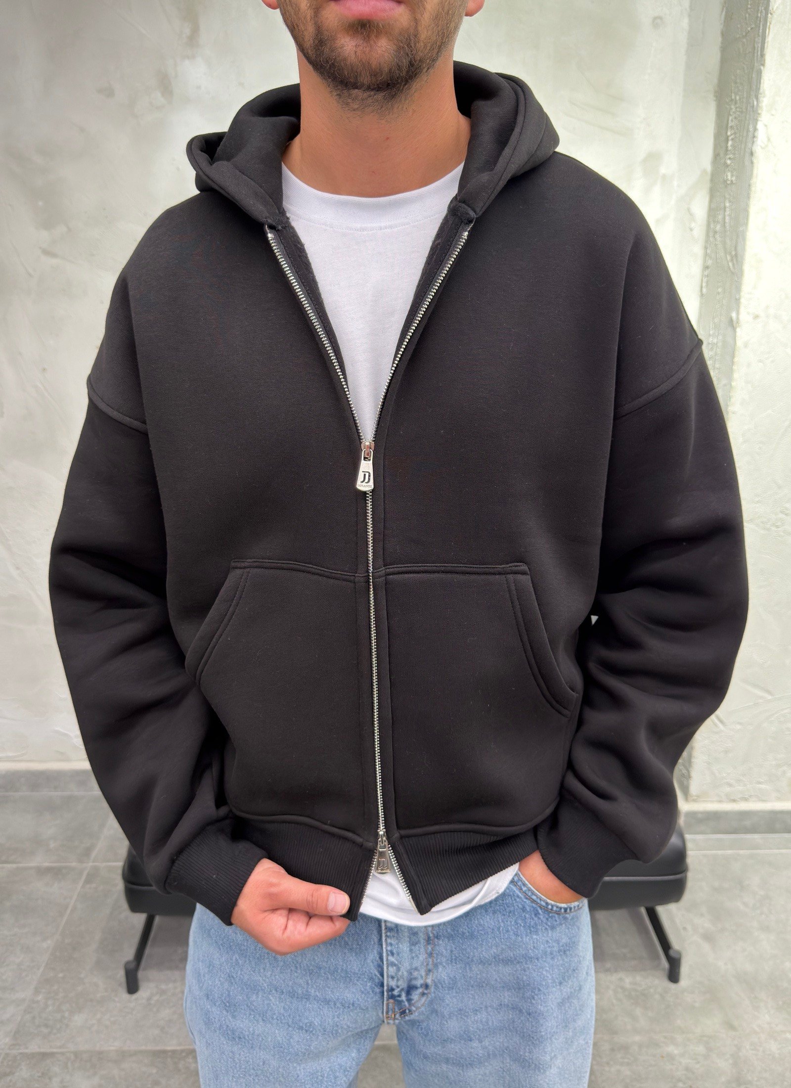 Çift Fermuarlı Şardonlu Oversize Siyah Fermuarlı Sweatshirt