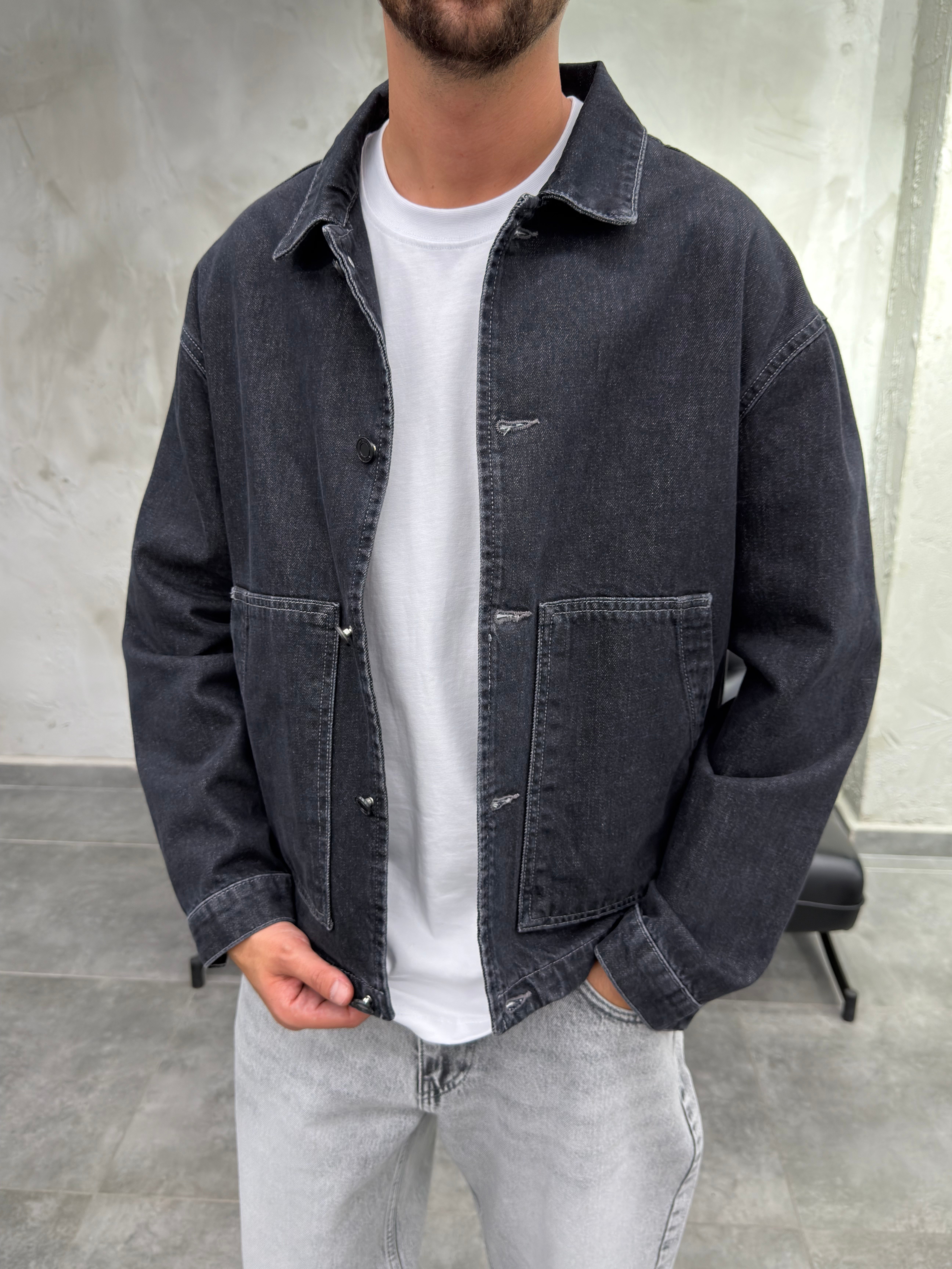 Düğmeli Mega Cep Siyah Denim Ceket