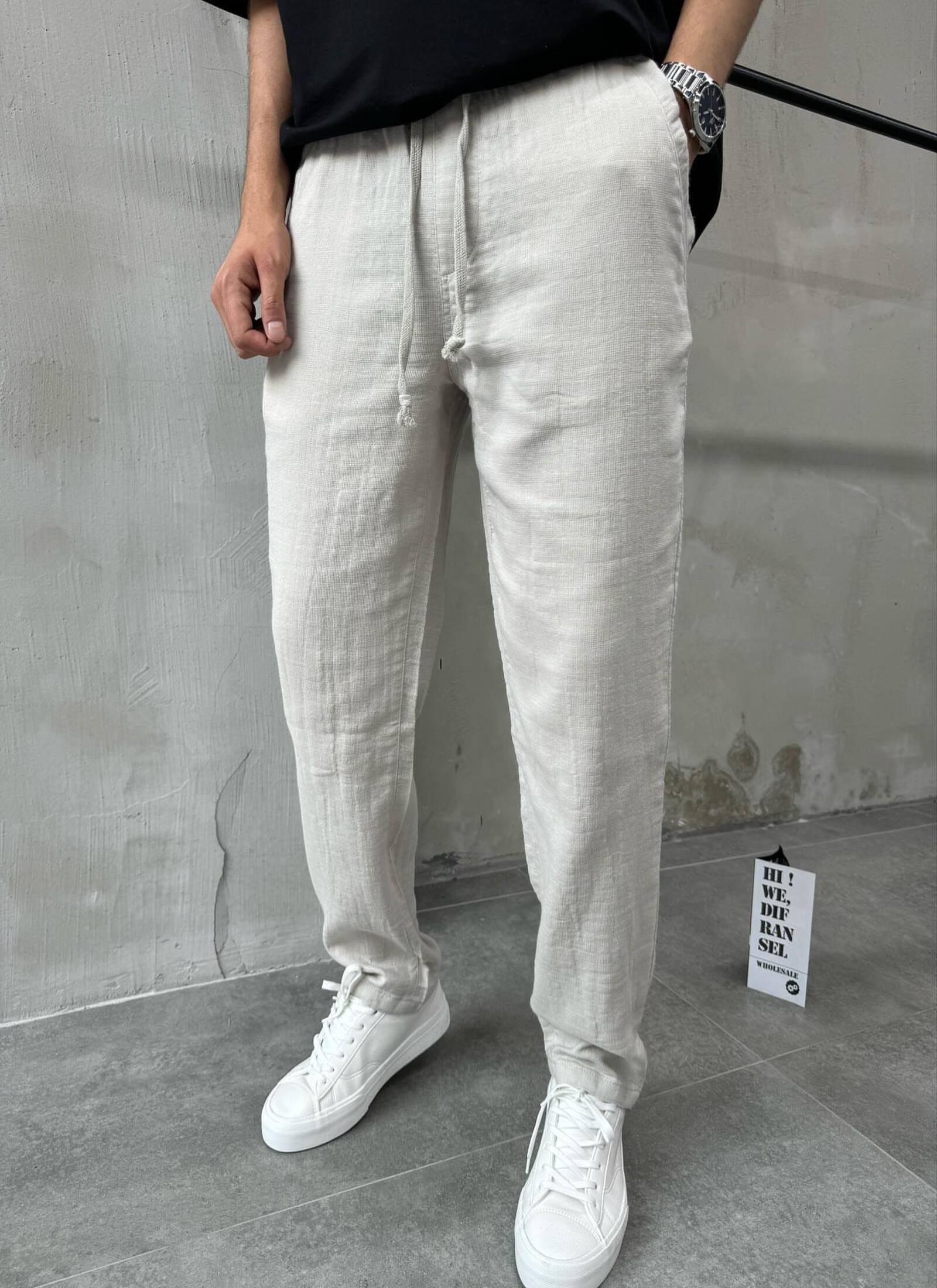 Erkek Relaxed Bej Keten Pantolon