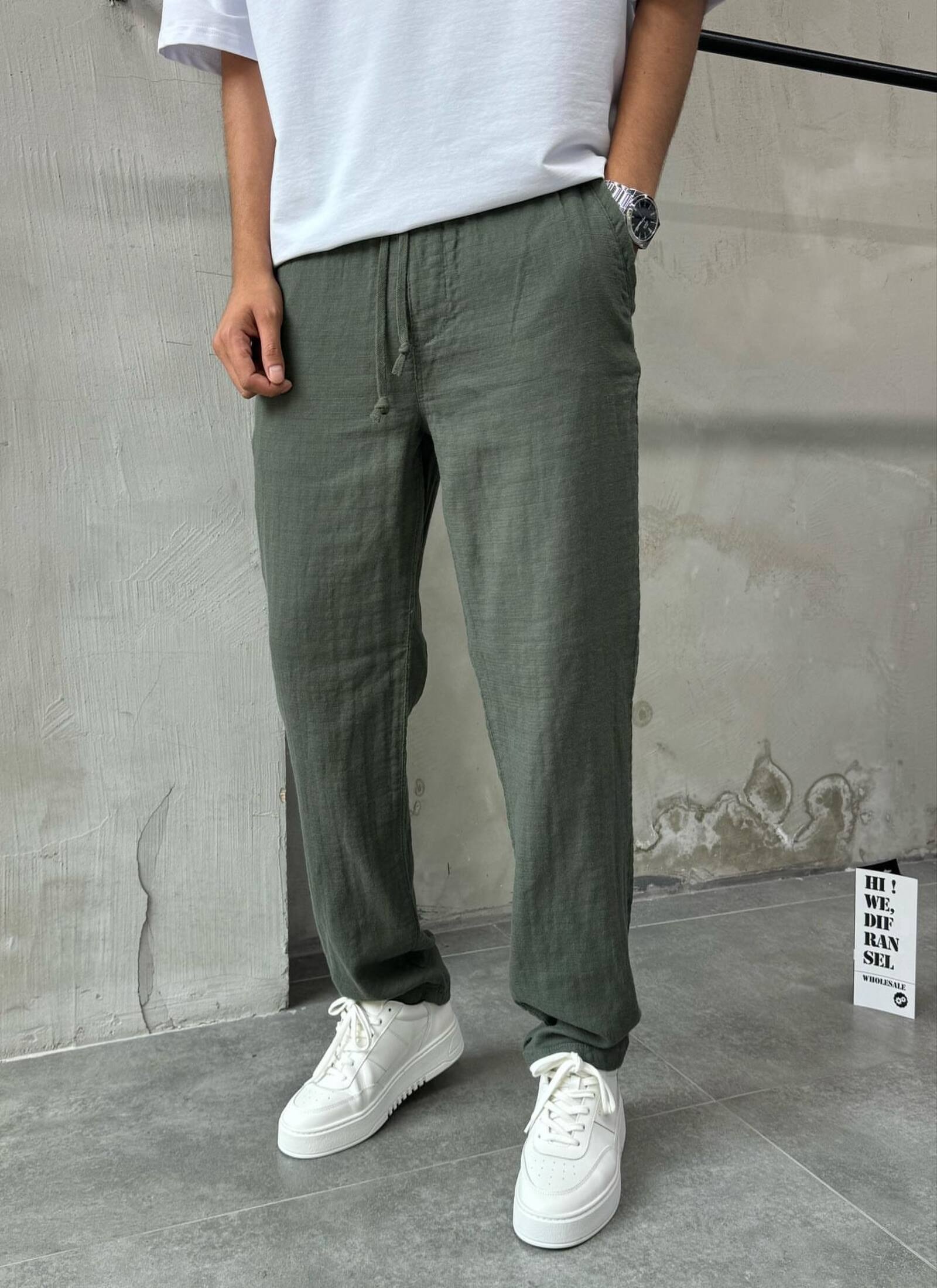 Erkek Relaxed Haki Keten Pantolon