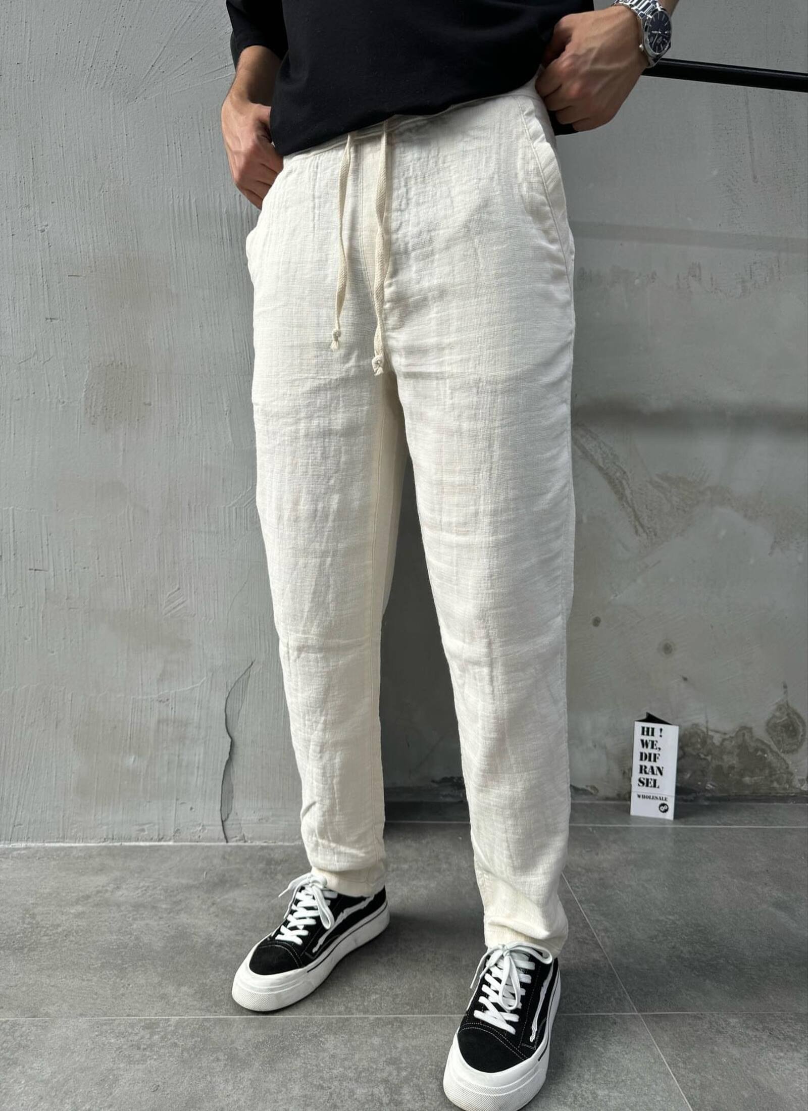 Erkek Relaxed Krem Keten Pantolon