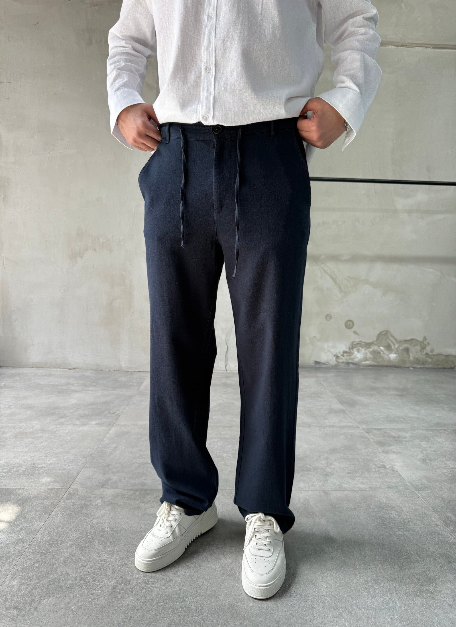 Keten Pamuk Lacivert Baggy Pantolon
