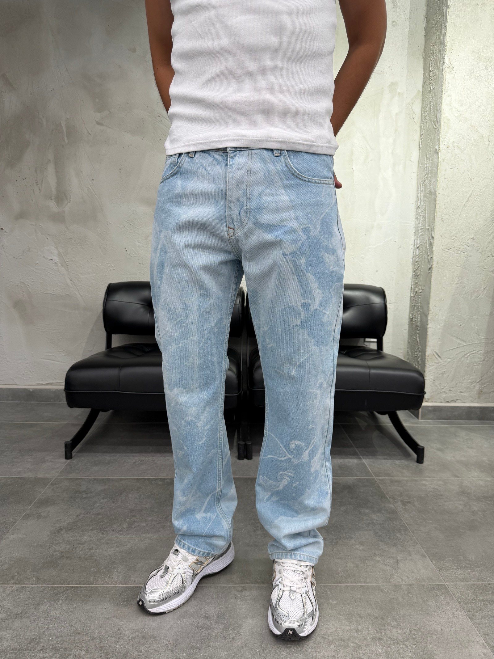 Marble Wash Desenli Mavi Baggy Jean