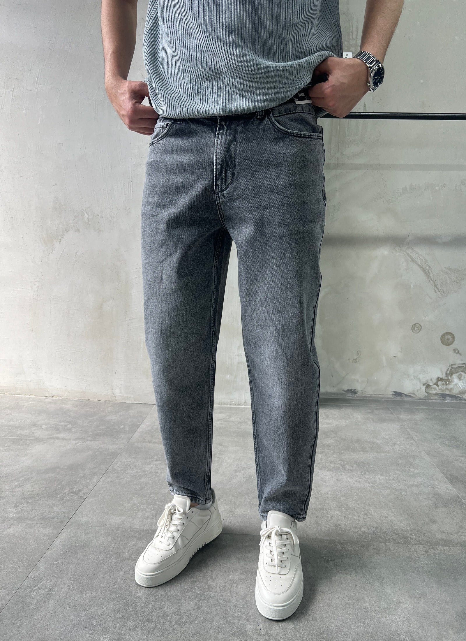Rahat Kalıp Gri Boyfriend Jean Pantolon