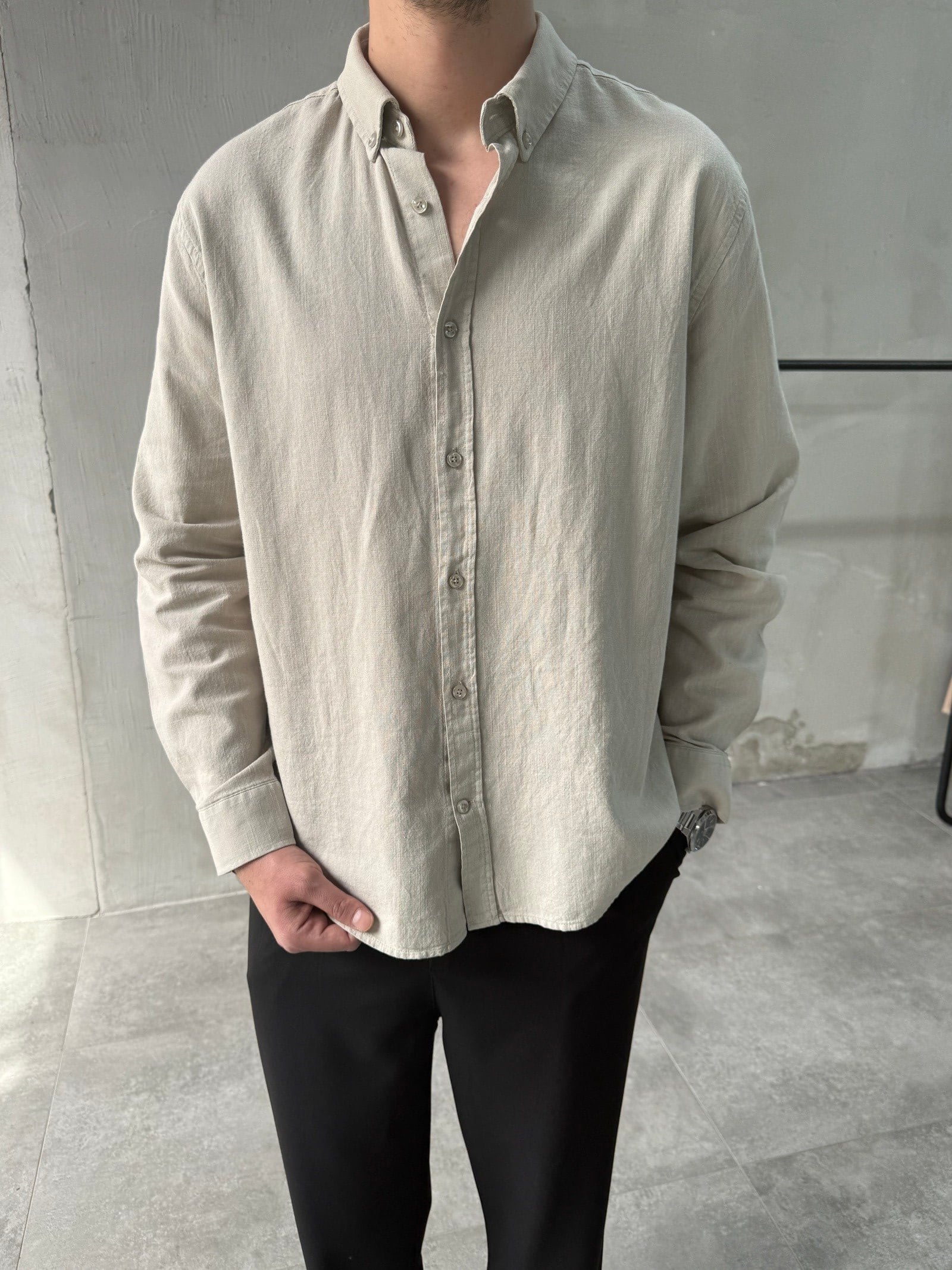 Rahat Kalıp Keten Pamuklu Bej Gömlek
