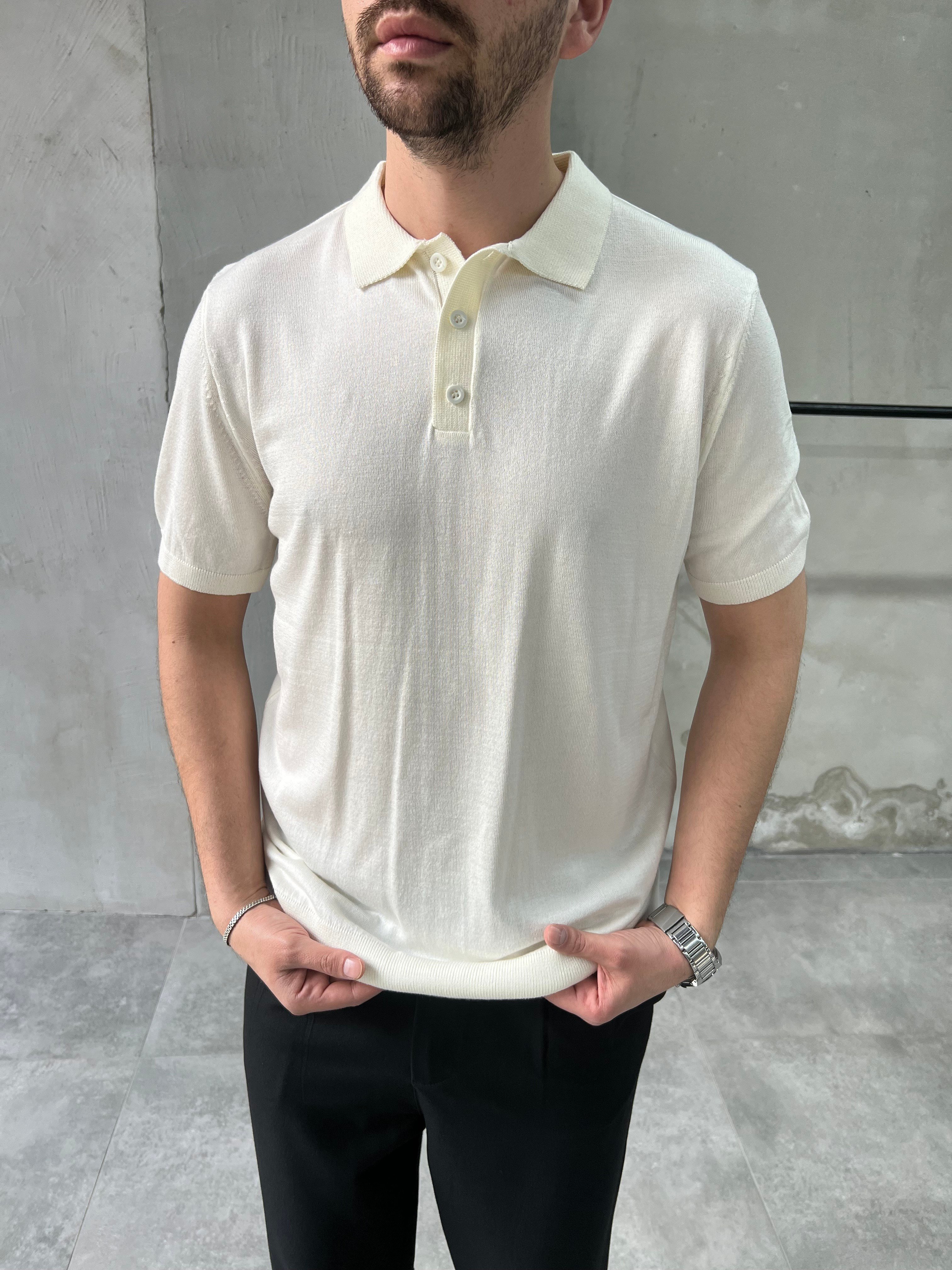 Relax Fiit Düğmeli Polo Yaka Ekru Tişört