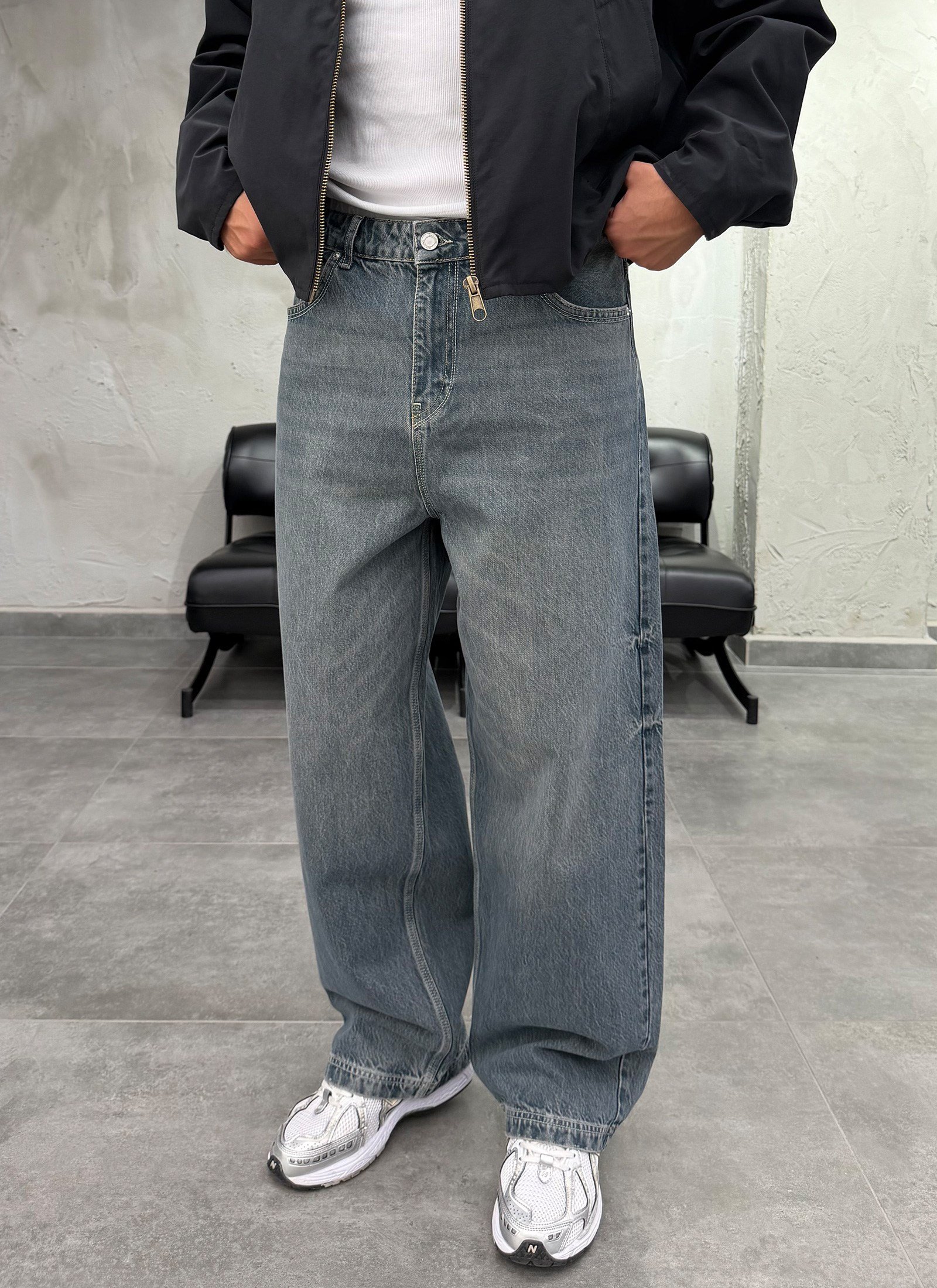 Süper Baggy Yıkamalı Eskitme Gri Fit Jean