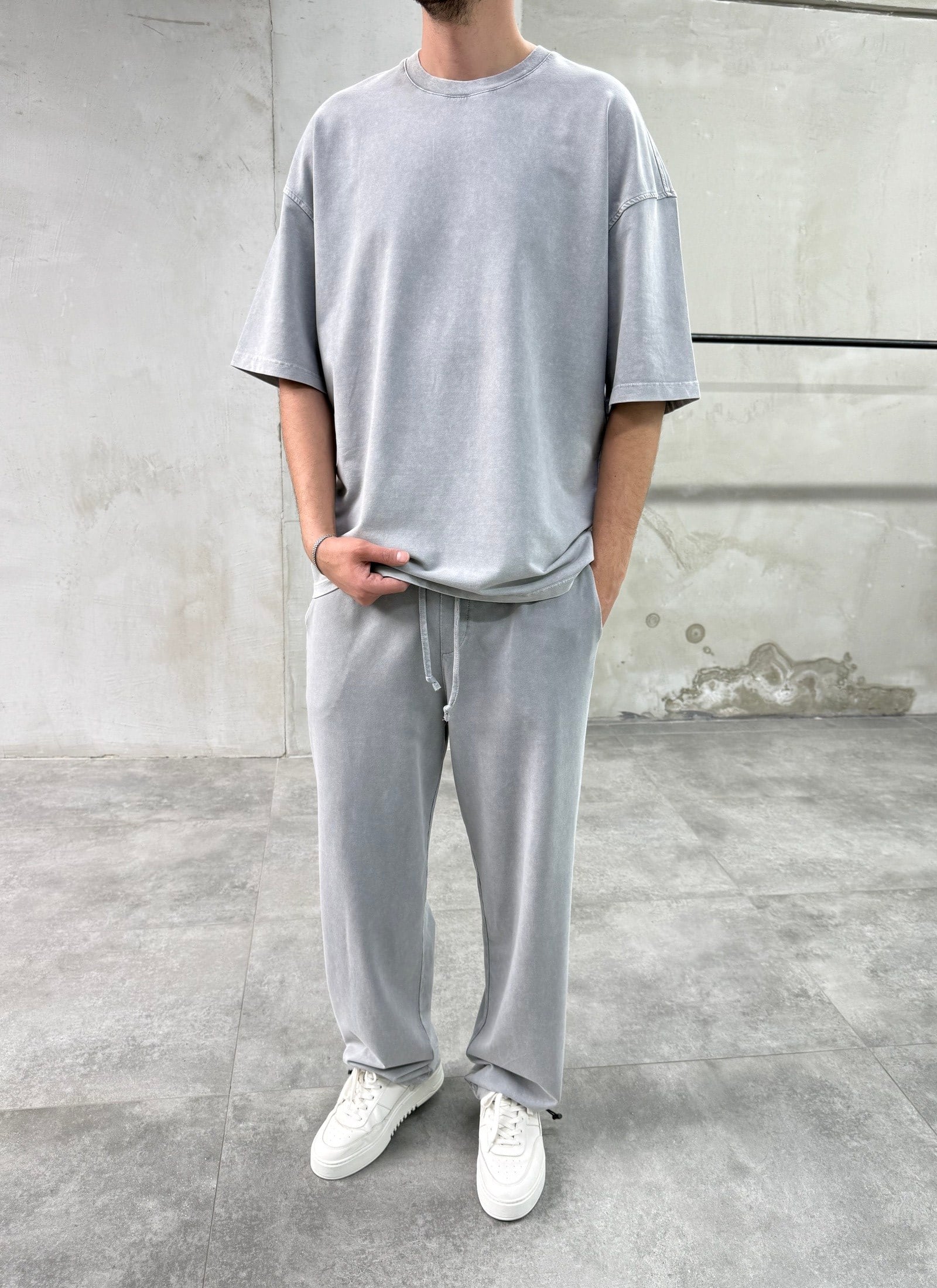 Yıkamalı Basic Açık Gri Eşofman Takımı