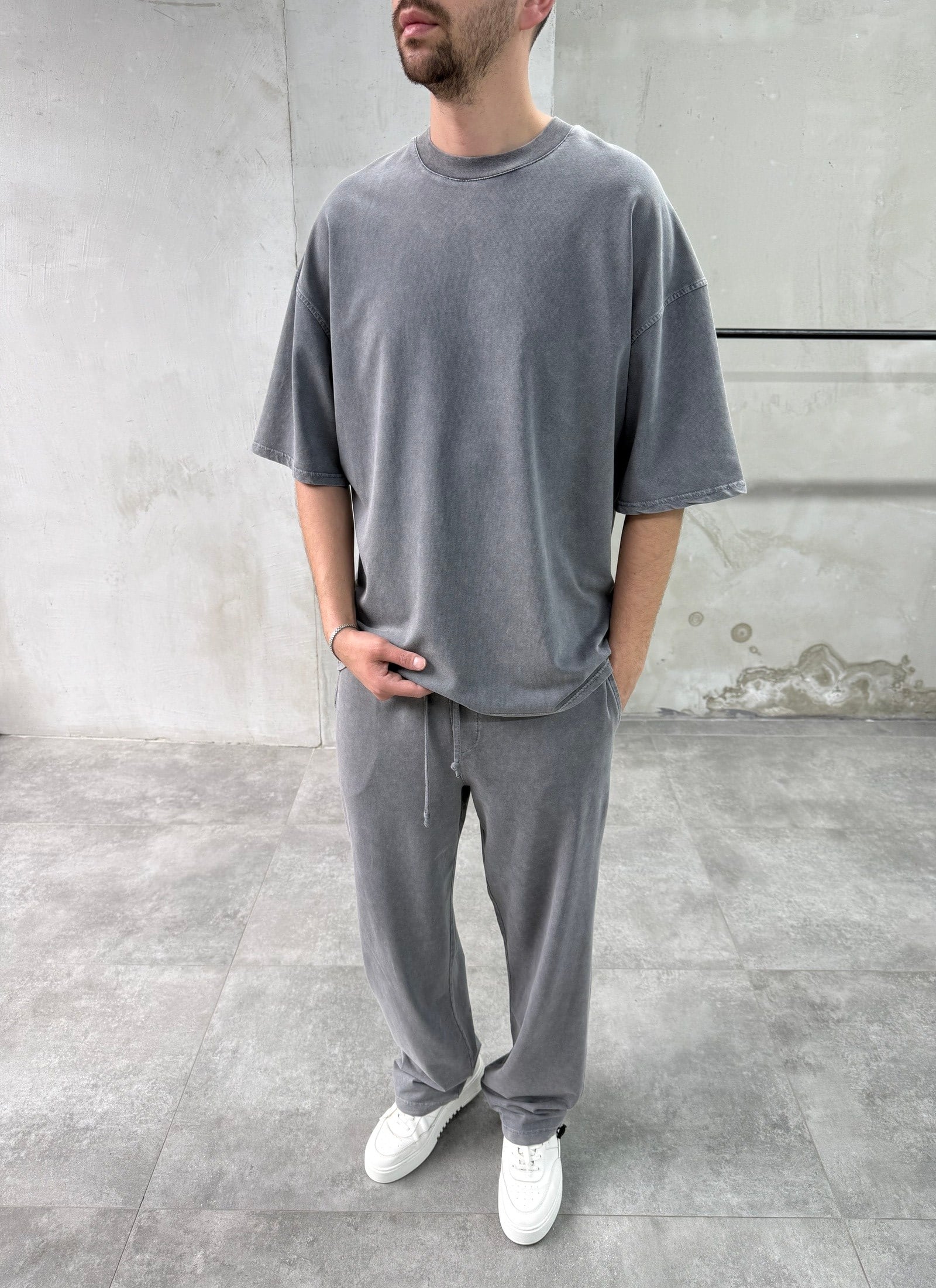 Yıkamalı Basic Gri Eşofman Takımı