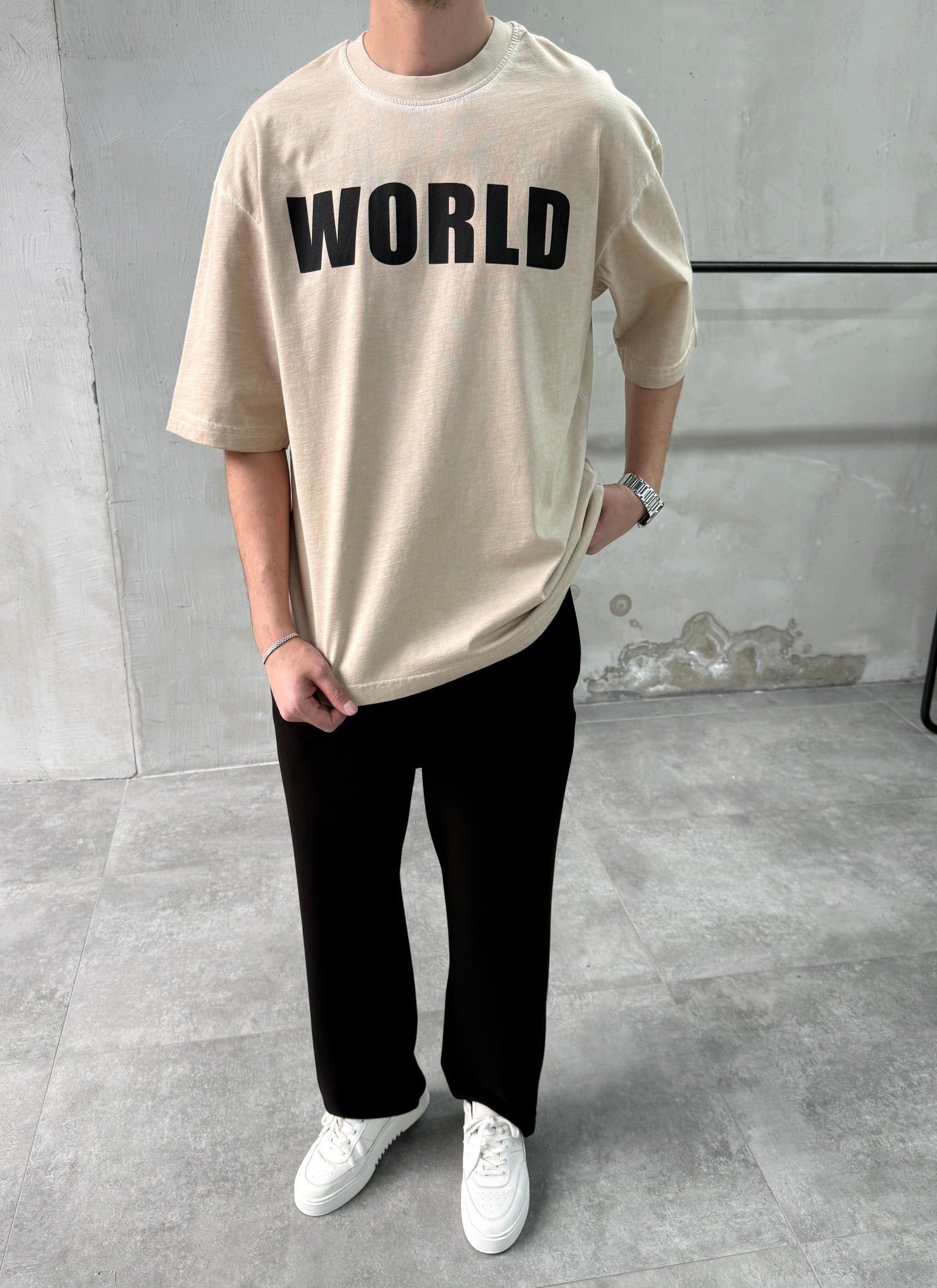 Yıkamalı World Baskılı Taş Oversize T-shirt